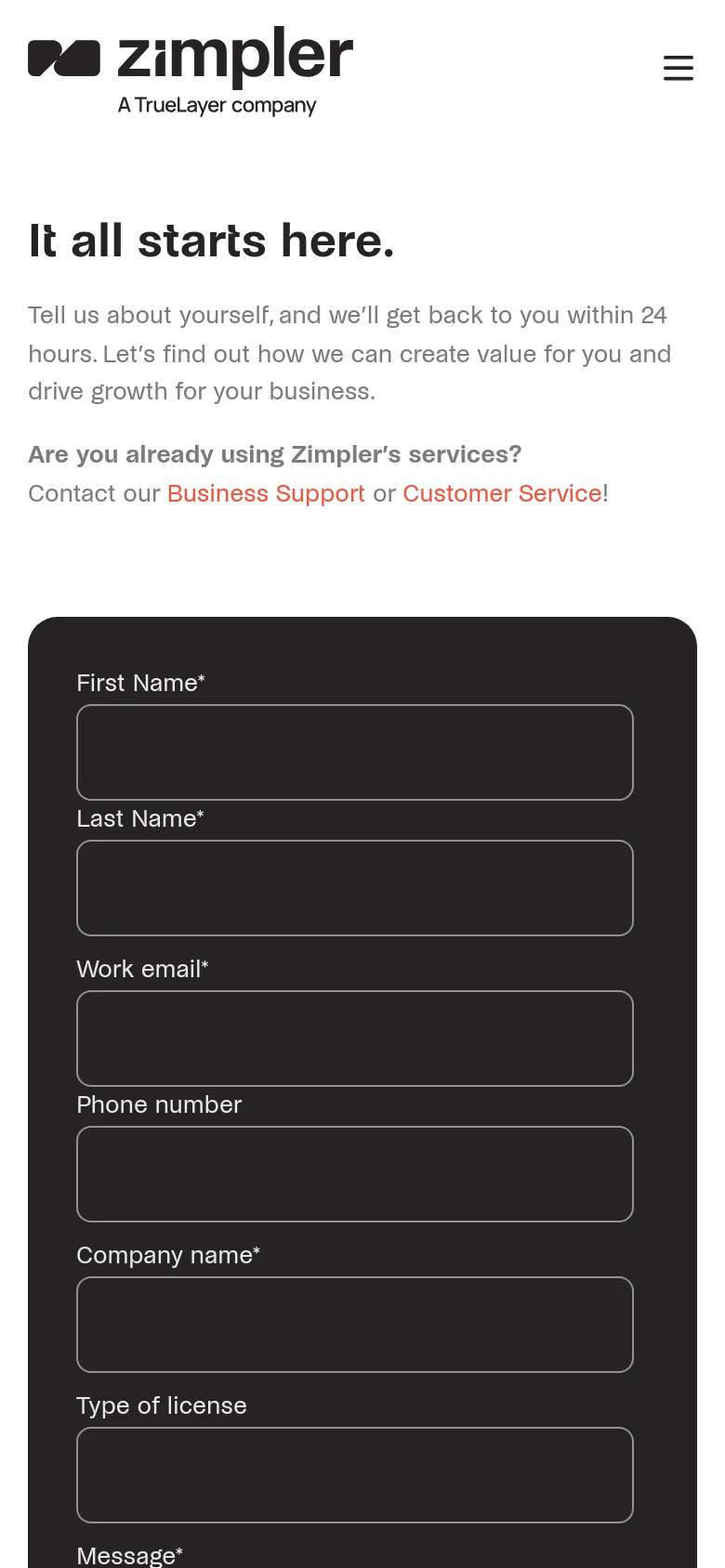 The mobile version uses a single-column layout with the headline and introductory text stacked vertically above the contact form. The dark gray form container spans the width of the screen, presenting all input fields and radio buttons in a continuous vertical scroll for easier mobile interaction.