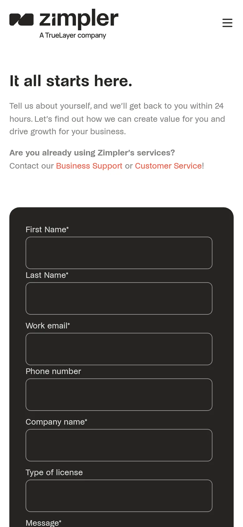 The mobile version uses a single-column layout with the headline and introductory text stacked vertically above the contact form. The dark gray form container spans the width of the screen, presenting all input fields and radio buttons in a continuous vertical scroll for easier mobile interaction.