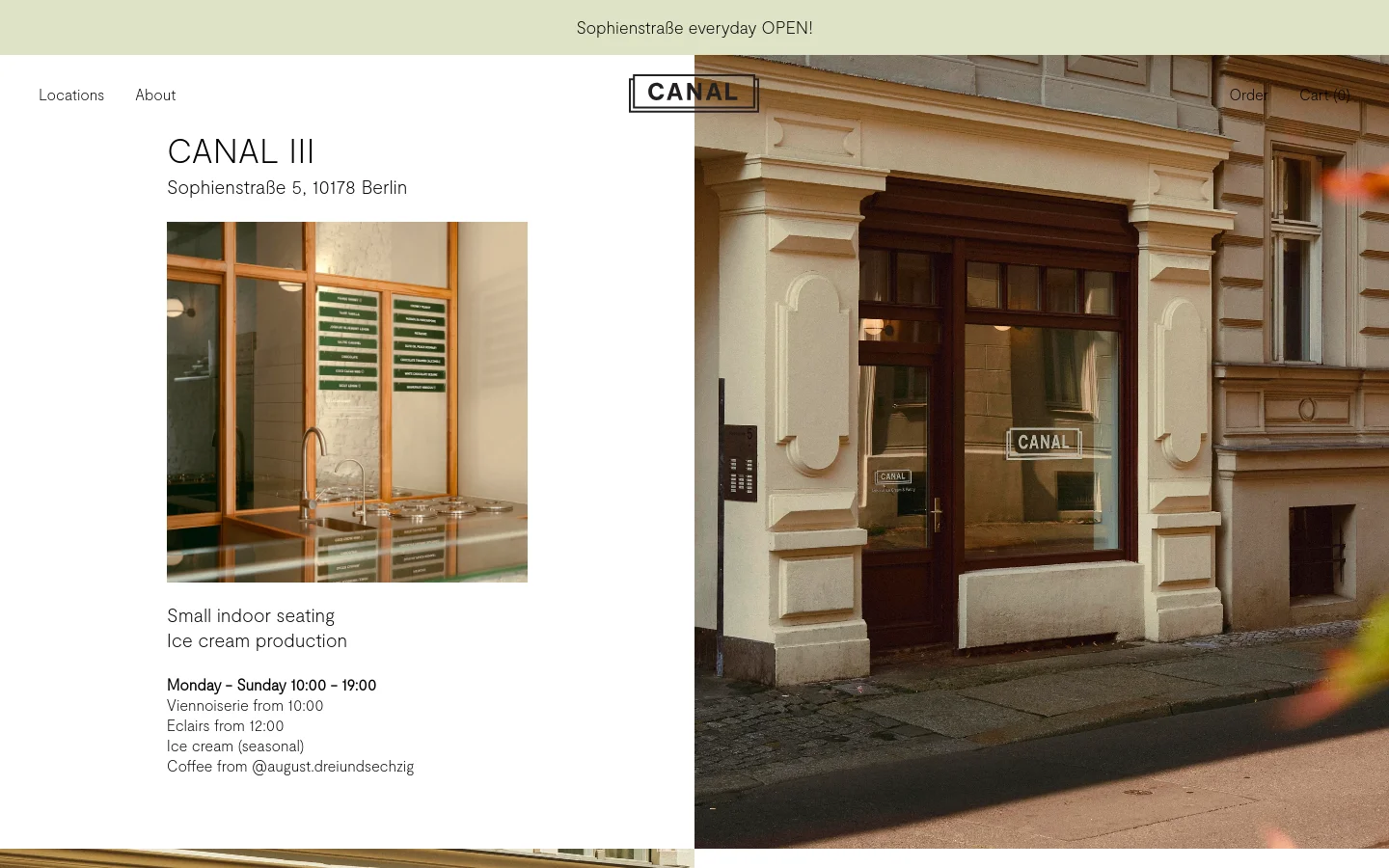 The desktop page features a minimalist design with a split layout: the left side contains text details for Canal III, including its address, seating info, and hours, while the right side shows a large hero image of a storefront. A navigation bar at the top includes the Canal logo centered between links for Locations, About, Order, and Cart.