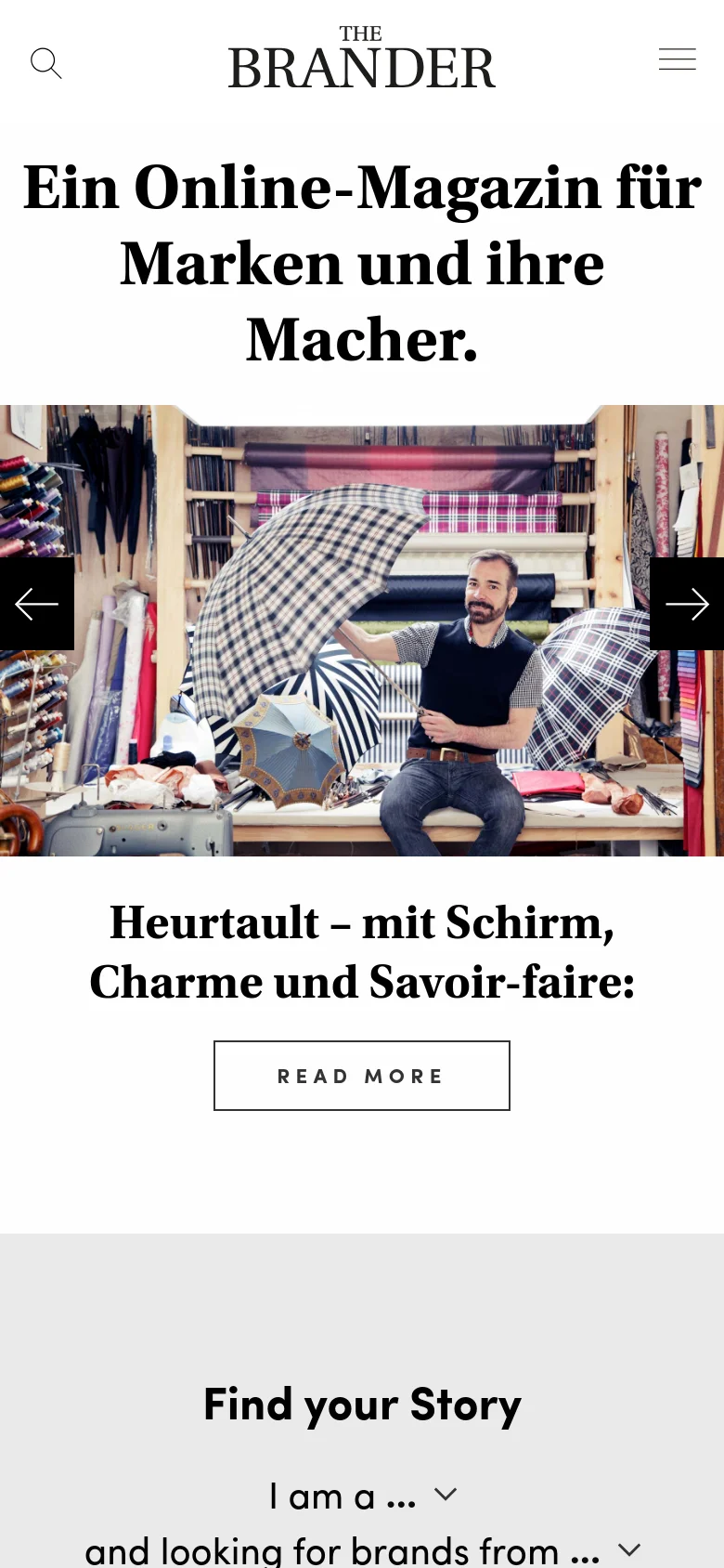 The mobile version presents a vertically stacked layout with the magazine logo and menu at the top. A large serif headline dominates the upper section, followed by a full-width photograph of a man in an umbrella workshop, with the feature story headline and a 'Read More' button positioned directly below the image.