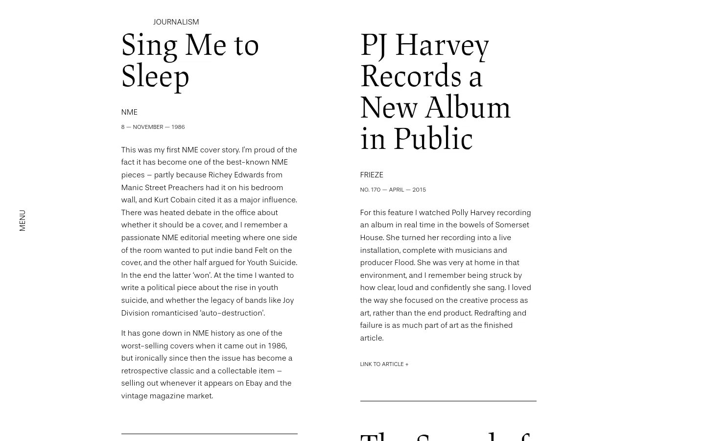 The desktop page for Lucy O’Brien’s journalism features a minimalist, white background with elegant serif typography. Two main articles, 'Sing Me to Sleep' for NME and 'PJ Harvey Records a New Album in Public' for Frieze, are arranged in a two-column layout with large headlines and descriptive text. A vertical 'MENU' label is positioned on the far left edge of the screen.
