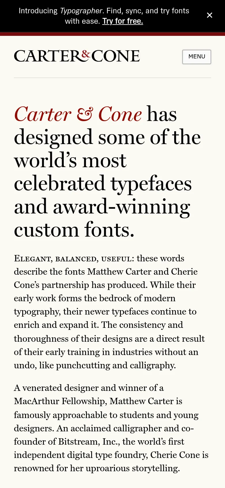 The mobile version simplifies the layout into a single vertical column. The sidebar navigation is replaced by a 'MENU' button in the top right, and the large hero headline and introductory text span the full width of the screen for easier reading.