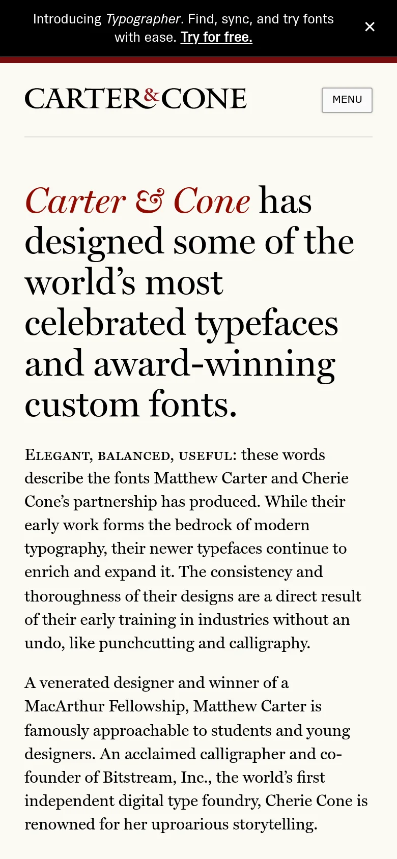 The mobile version simplifies the layout into a single vertical column. The sidebar navigation is replaced by a 'MENU' button in the top right, and the large hero headline and introductory text span the full width of the screen for easier reading.
