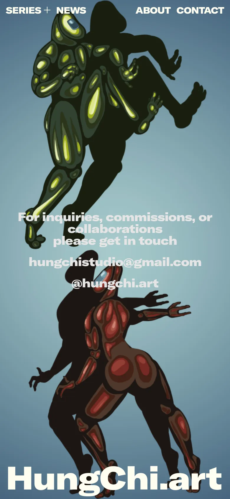 The mobile version maintains the light blue background and the large, stylized humanoid figures, but the layout is vertically stacked. The navigation menu is condensed at the top, and the contact text and social handles are repositioned in the center of the screen to fit the narrow viewport.