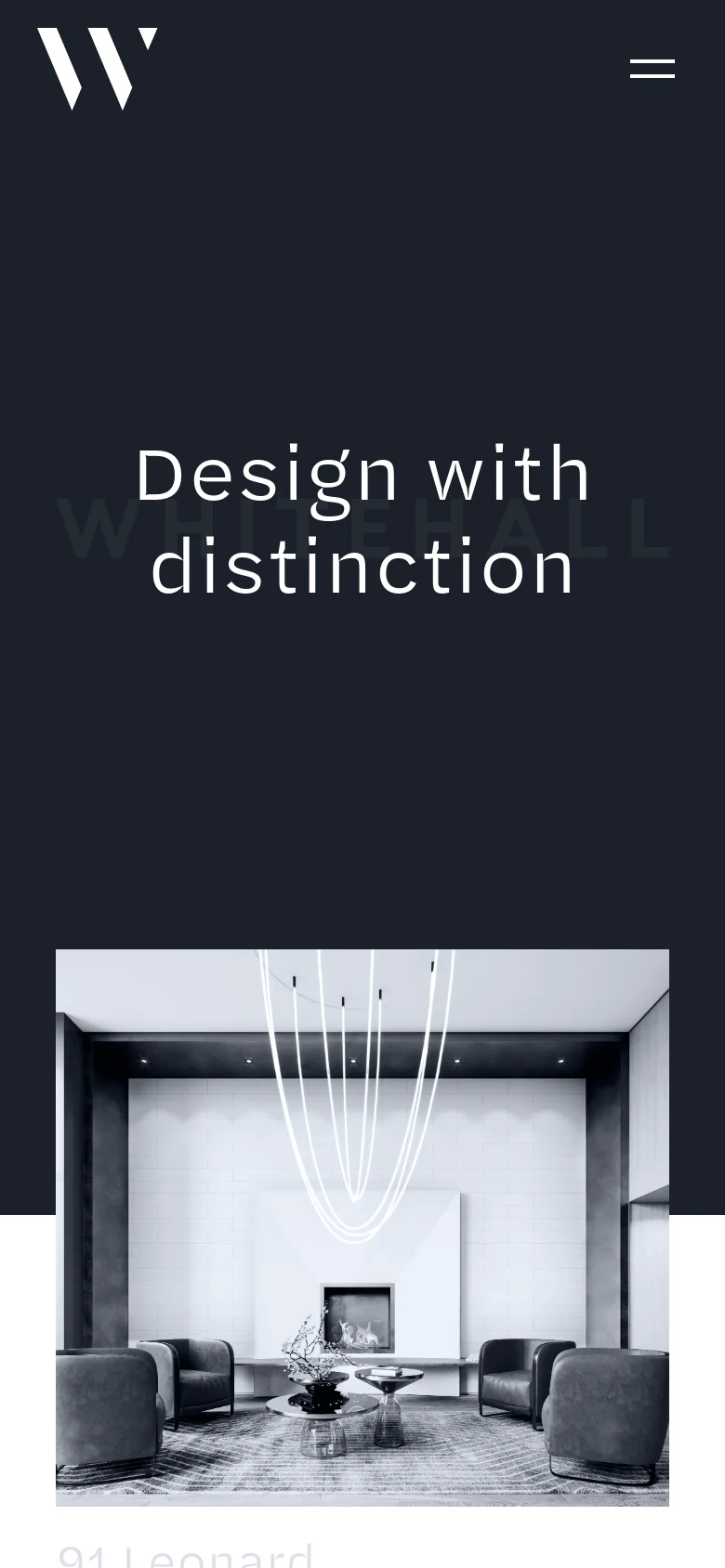 The mobile version maintains the dark aesthetic and central 'Design with distinction' headline but replaces the top navigation bar with a two-line hamburger menu icon. The layout is vertically oriented, focusing on the large hero text followed by a full-width interior design photograph below.