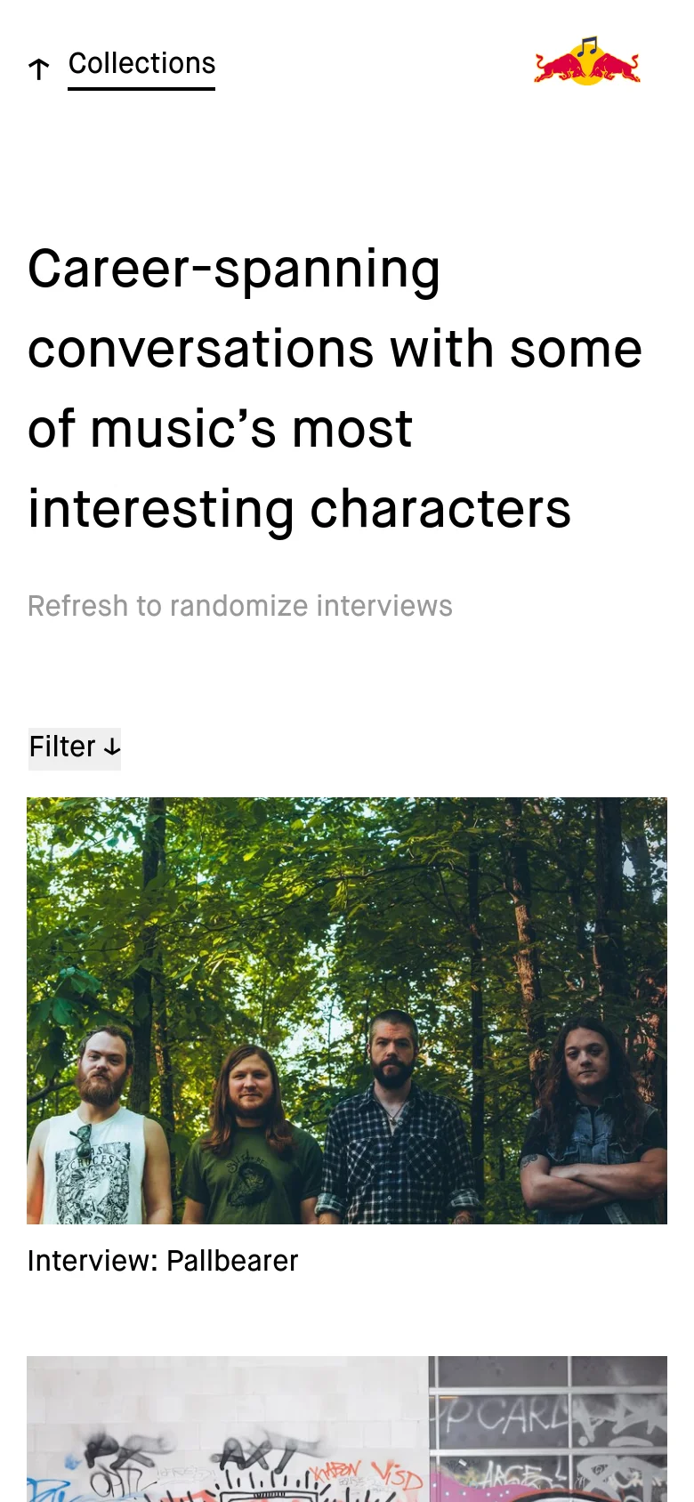 The mobile version maintains the white background and large black typography but uses a single-column vertical layout. The filter options and interview article cards are stacked vertically to fit the narrower screen width, prioritizing readability of the large headline and single-image previews.