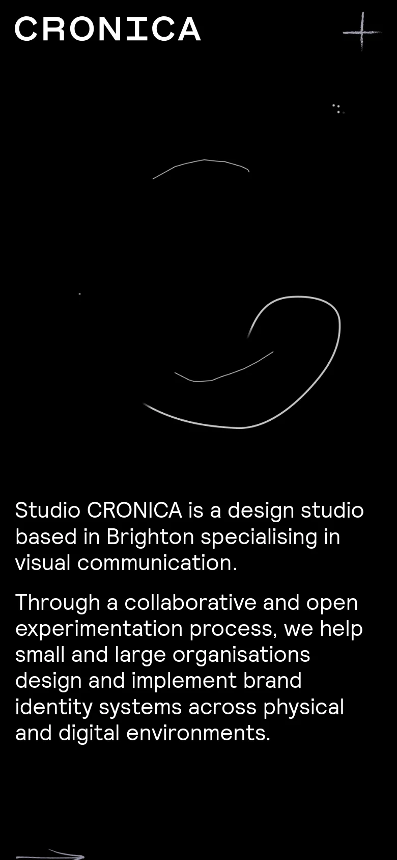 The mobile version maintains the black and white minimalist aesthetic but uses a vertical stack layout. The navigation is condensed, and the hero text and abstract line art are scaled to fit the narrower screen width, ensuring readability of the studio's mission statement.
