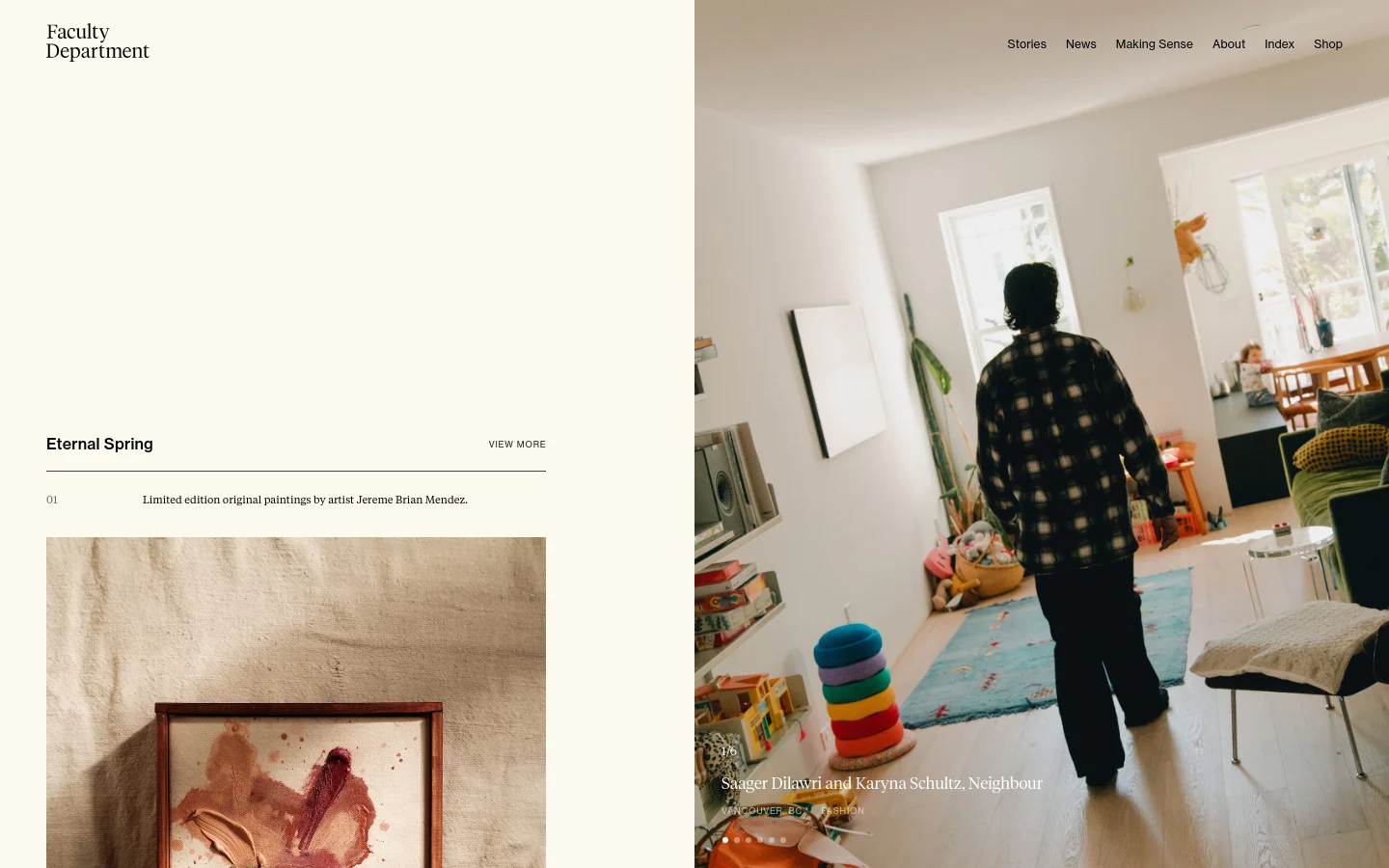 The Faculty Department homepage features a minimalist, cream-colored layout with a large hero image of a person in a checkered shirt walking through a sunlit room. A navigation menu is located at the top right, and the section below the hero image introduces 'Eternal Spring' with a large photograph of an original painting.
