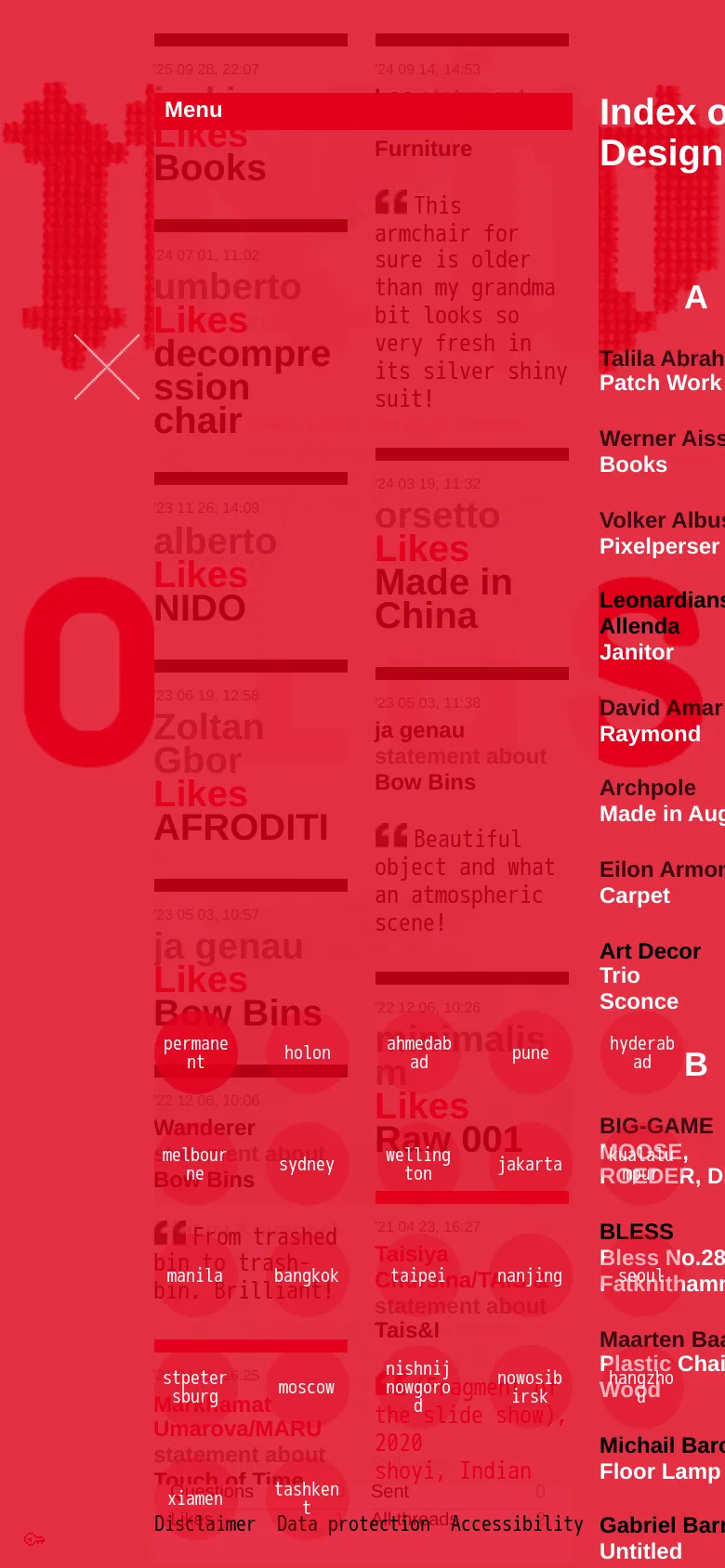 A single-column vertical scroll of the designer index on a red background. The text is enlarged for readability, showing designer names, project titles, and brief quotes or statistics. The layout simplifies the desktop grid into a stacked list of text blocks.