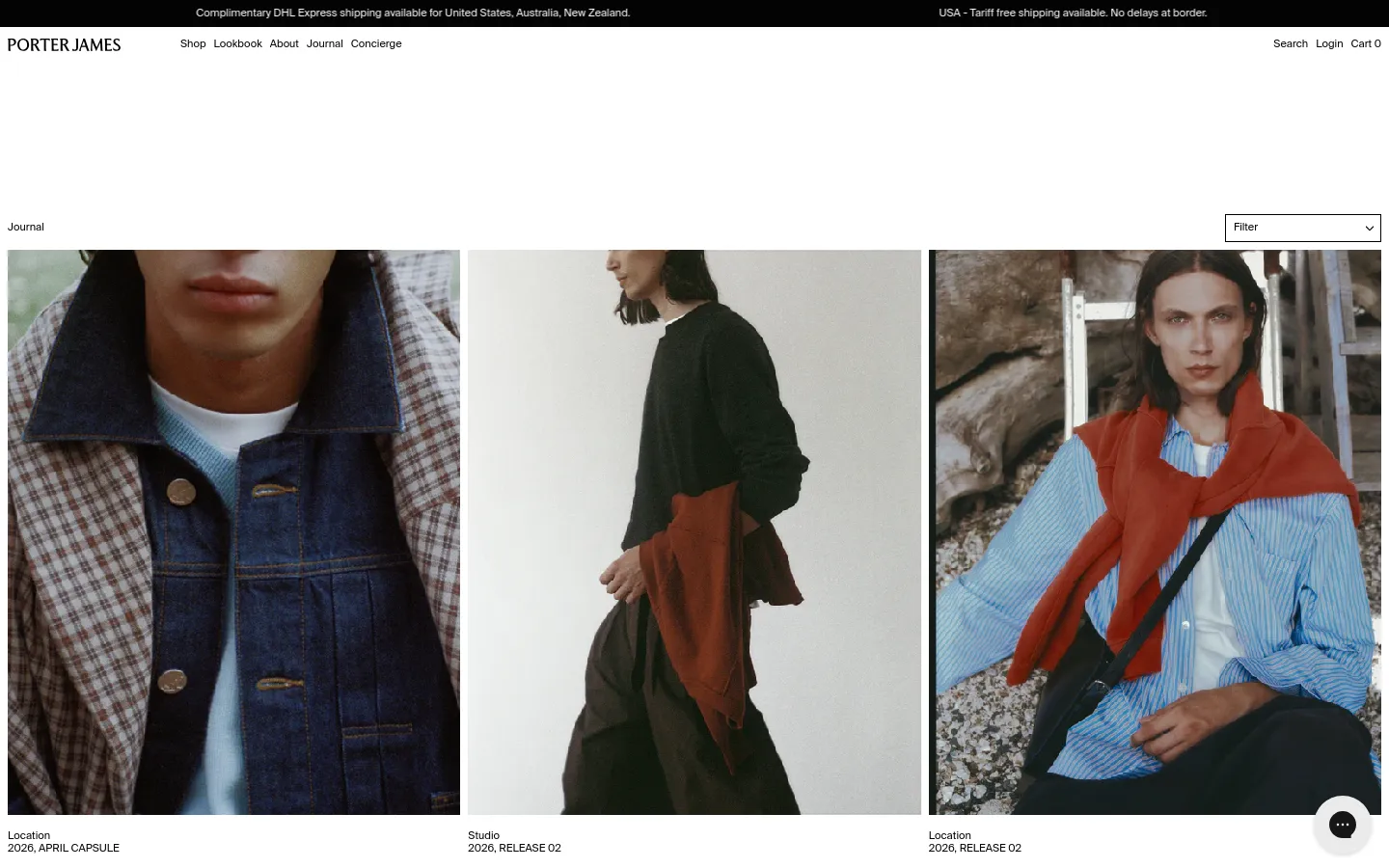 The desktop Journal page features a minimalist white header with the Porter James logo and navigation links for Shop, Lookbook, Journal, and Concierge. Below, a grid of large, high-quality editorial lifestyle photographs showcases menswear, with each image accompanied by a location and release title such as '2026, APRIL CAPSULE'. A 'Filter' dropdown menu is positioned at the top right of the content area.