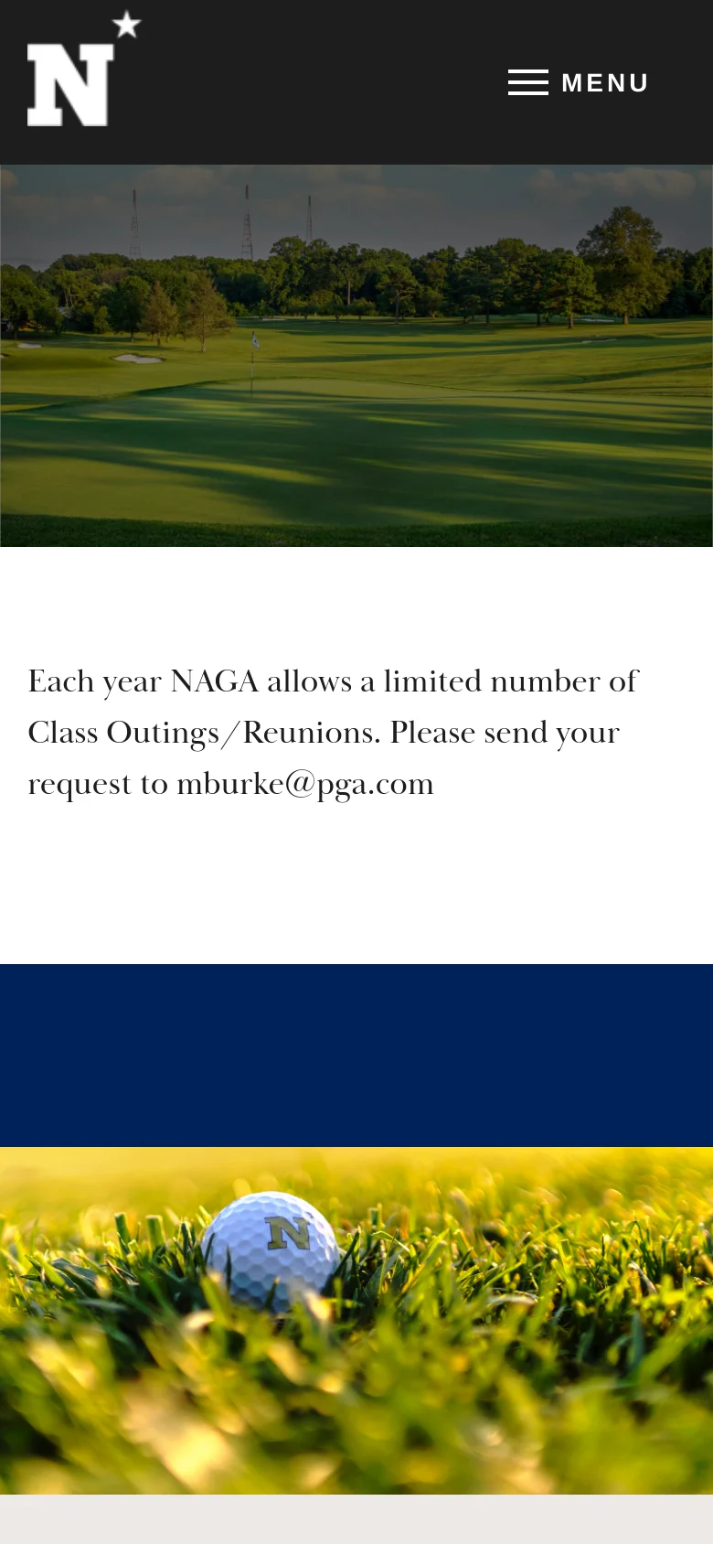 Mobile version of the page showing a condensed layout with a hamburger menu icon labeled 'MENU' and the Naval Academy logo. The hero image of the golf course is scaled down, followed by the text regarding class outings and a close-up image of a golf ball in the grass at the bottom.