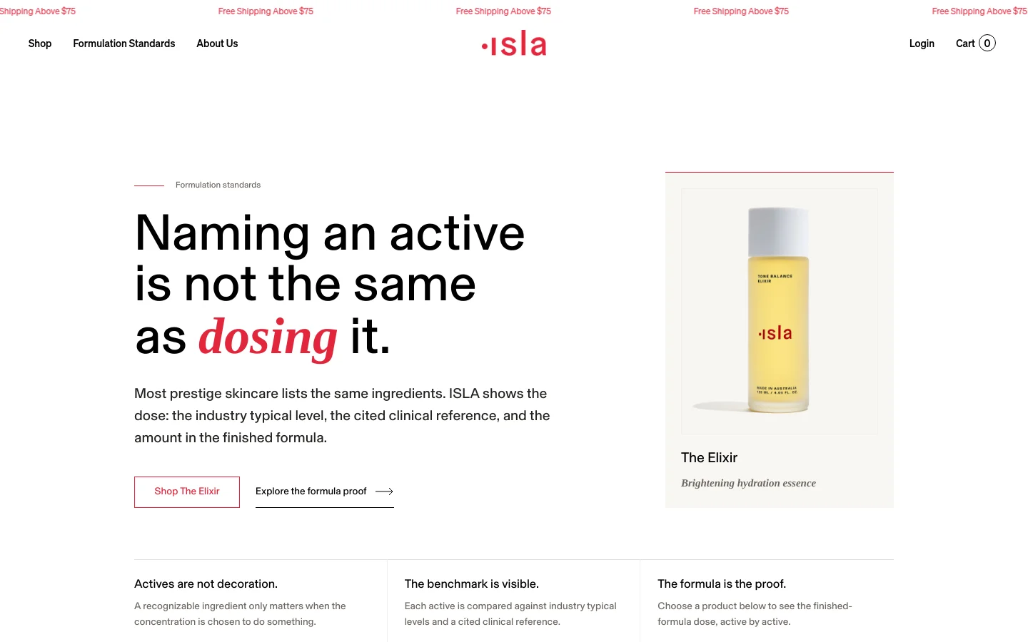 The desktop page features a minimalist white and cream layout with black text. A hero section displays the headline 'Naming an active is not the same as dosing it' next to a large product image of The Elixir bottle. Below, sections explain formulation standards using simple graphic legends for gray lines, hollow dots, and red lines.
