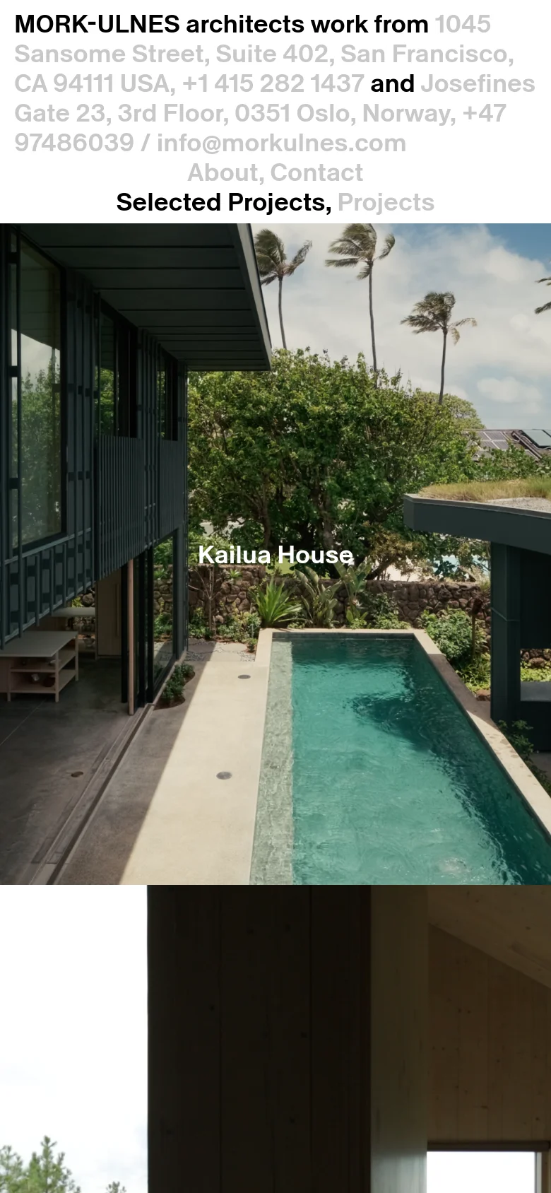 The mobile version maintains the same visual content but uses a vertical layout with the text header and navigation links stacked above the large hero image of the Kailua House. The contact information and menu items are centered to fit the narrower screen width.
