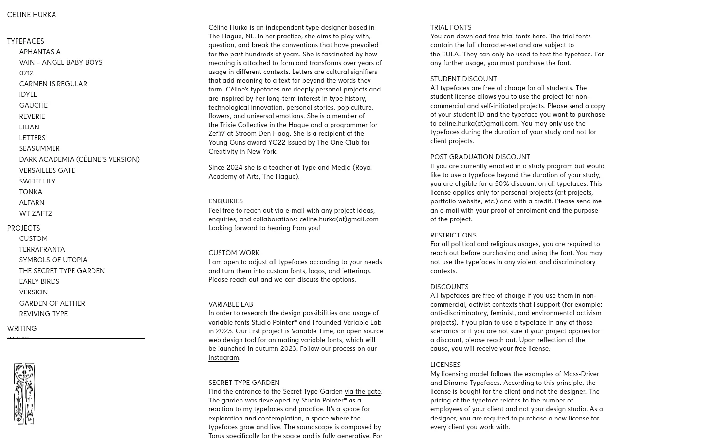 The desktop version shows a minimalist layout with a sidebar on the left containing a hierarchical navigation menu of typefaces and projects. The main content area on the right features black text on a white background, detailing the designer's biography, contact information, and various service policies.