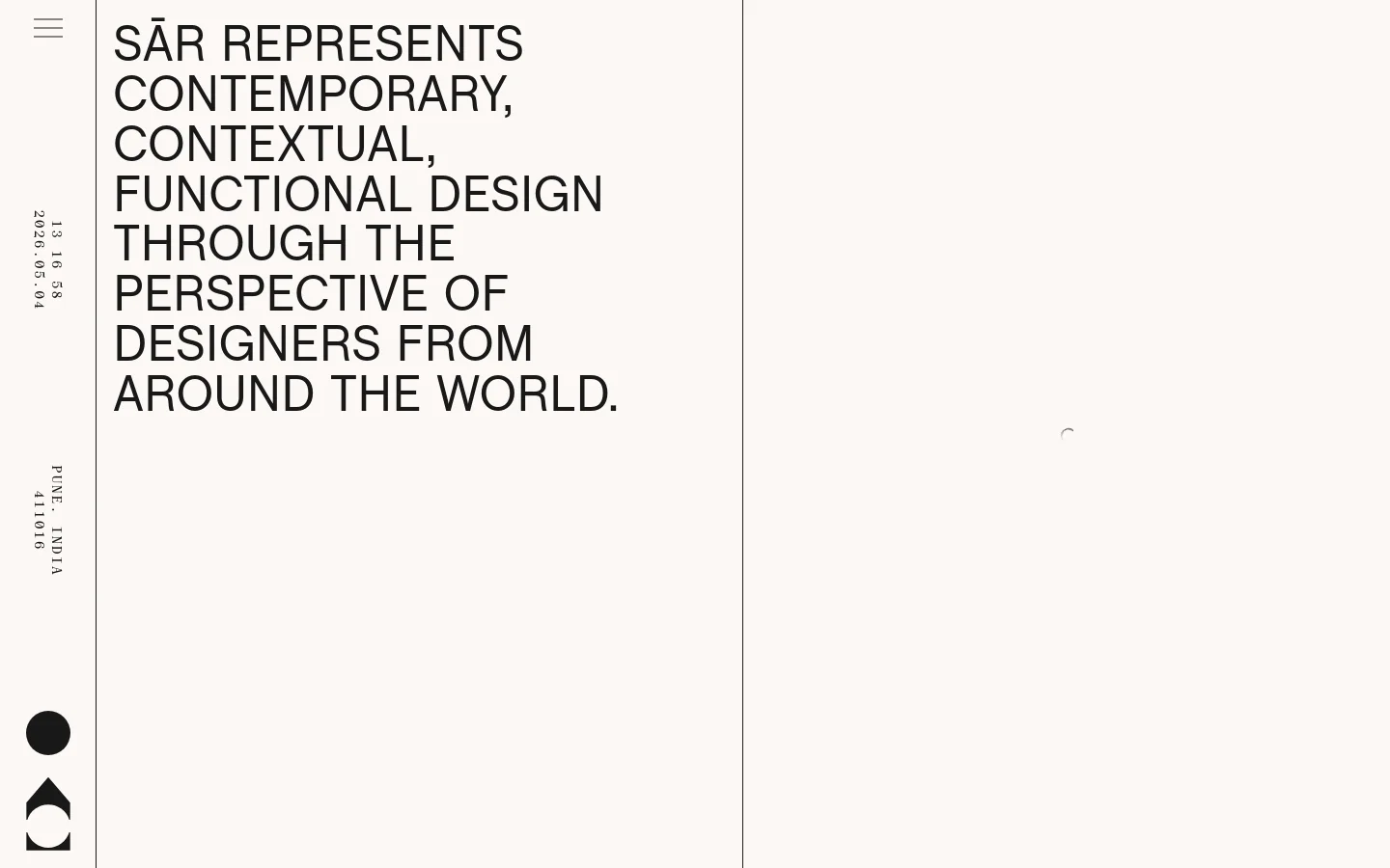 The desktop About page features a minimalist, high-contrast design with large, black sans-serif typography against an off-white background. The layout is asymmetrical, with a massive headline on the left and vertical text elements on the far left margin. A thin vertical line divides the screen, creating a clean, architectural feel.
