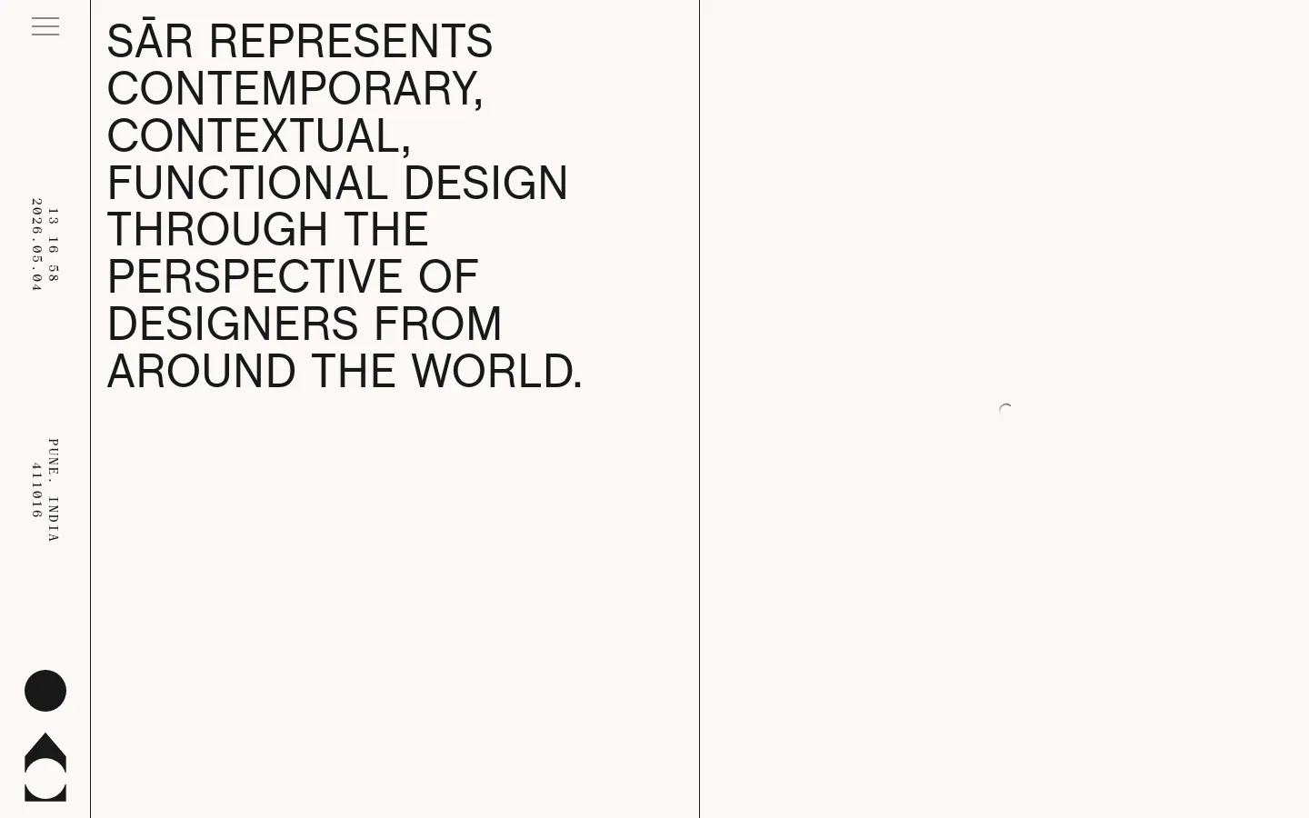 The desktop About page features a minimalist, high-contrast design with large, black sans-serif typography against an off-white background. The layout is asymmetrical, with a massive headline on the left and vertical text elements on the far left margin. A thin vertical line divides the screen, creating a clean, architectural feel.