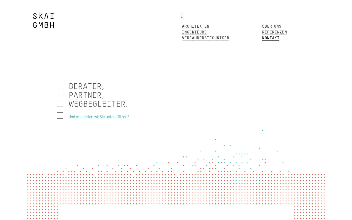 The desktop contact page features a minimalist white layout with large, black sans-serif typography reading 'BERATER, PARTNER, WEGBEGLEITER.' A light blue subheadline asks how the company can help. The bottom of the hero section is decorated with a pattern of red and teal dots, and the navigation menu is positioned at the top right.
