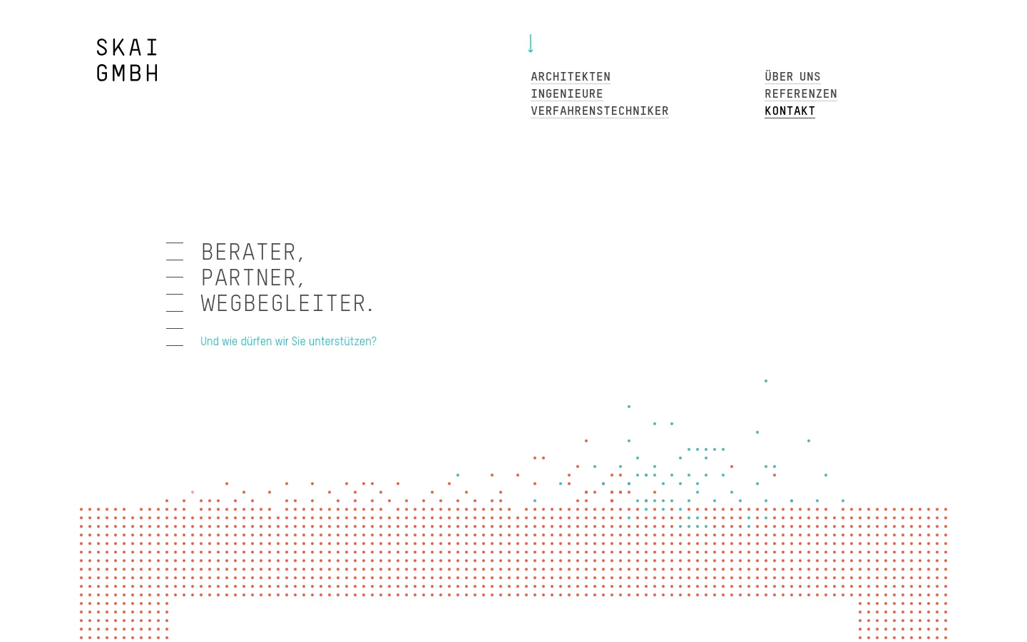 The desktop contact page features a minimalist white layout with large, black sans-serif typography reading 'BERATER, PARTNER, WEGBEGLEITER.' A light blue subheadline asks how the company can help. The bottom of the hero section is decorated with a pattern of red and teal dots, and the navigation menu is positioned at the top right.