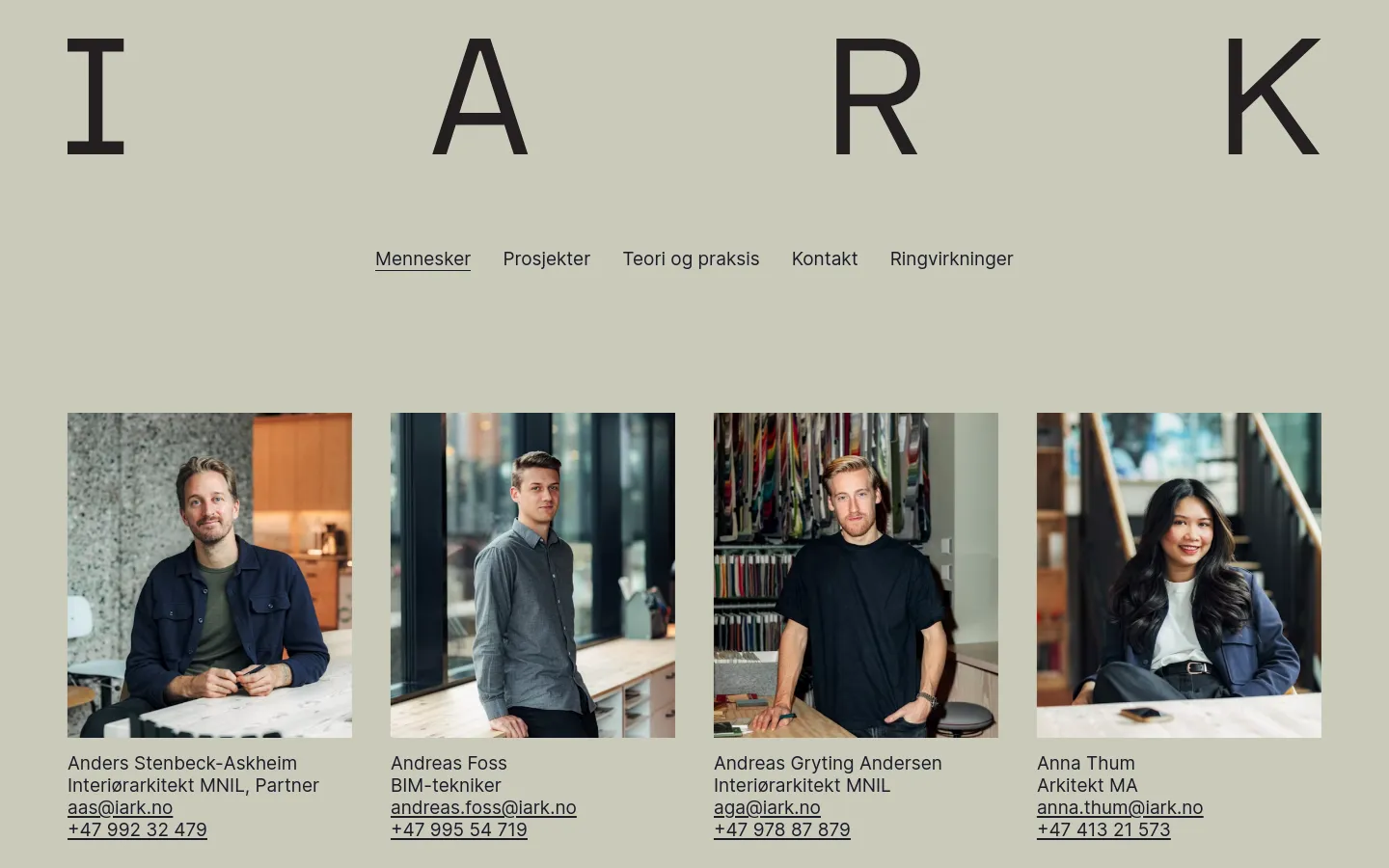 The desktop page for IARK features a minimalist design with a sage green background and large black 'IARK' typography at the top. A navigation menu sits below the header, followed by a grid of four professional portraits of team members, each accompanied by their name, title, email, and phone number. The layout is clean and spacious, using a sophisticated, neutral color palette.