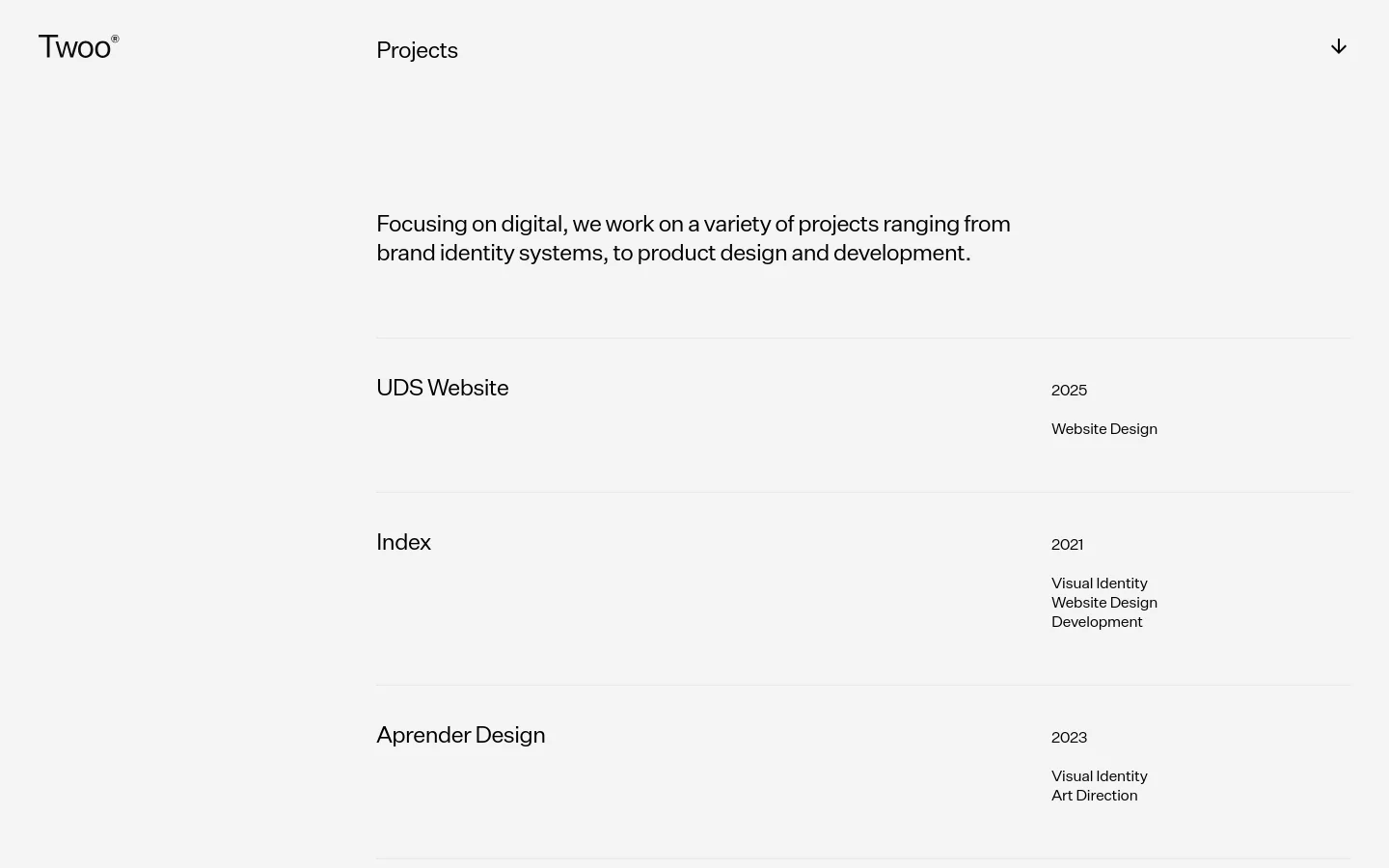 The desktop version features a minimalist design with a light gray background and black text. A large headline introduces the projects section, followed by a vertical list of project entries that include the project name, year, service type, and a large thumbnail image.