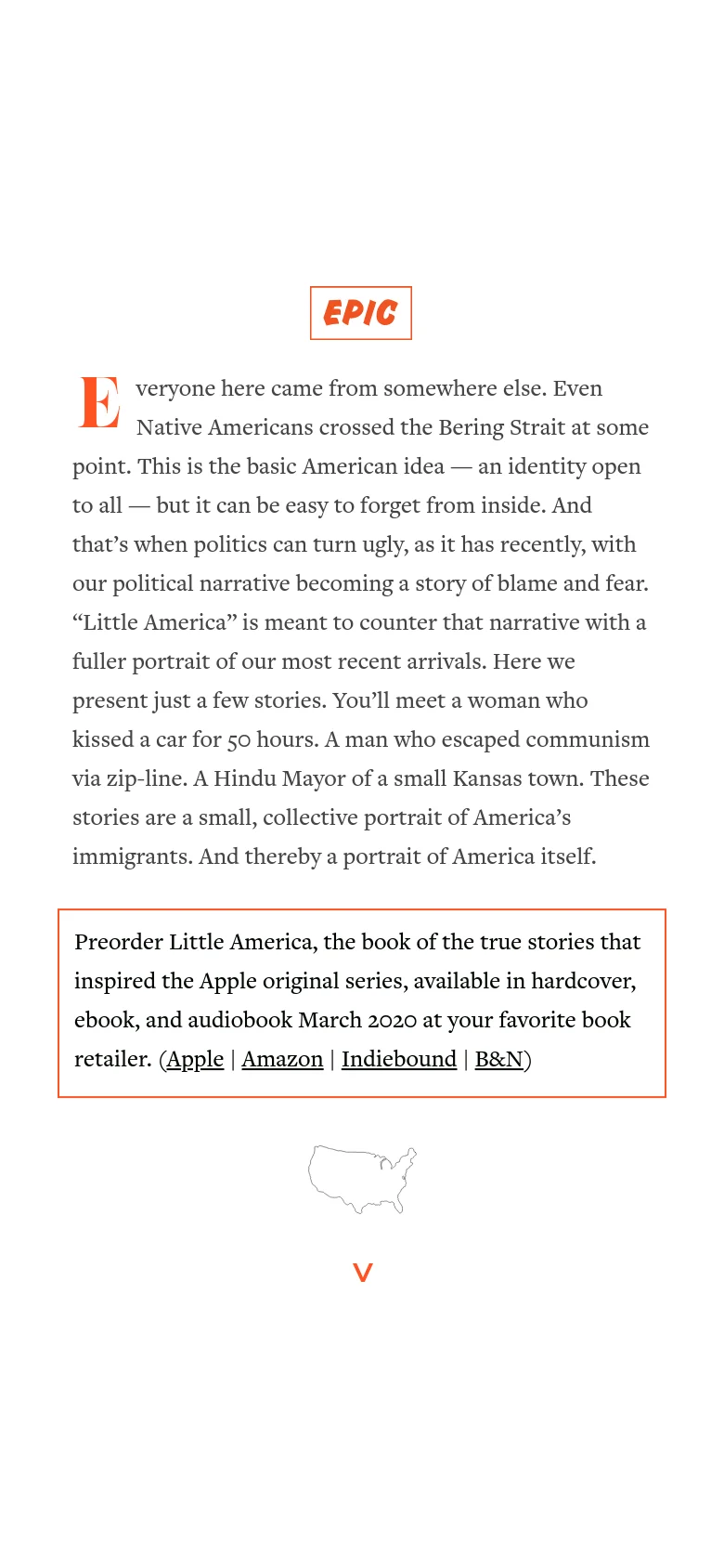 The mobile version presents a vertically stacked layout, beginning with the 'EPIC little america.' logo at the top. The book preorder call-to-action is displayed in a prominent framed box, followed by the main introductory text and a series of portrait images arranged in a single column.