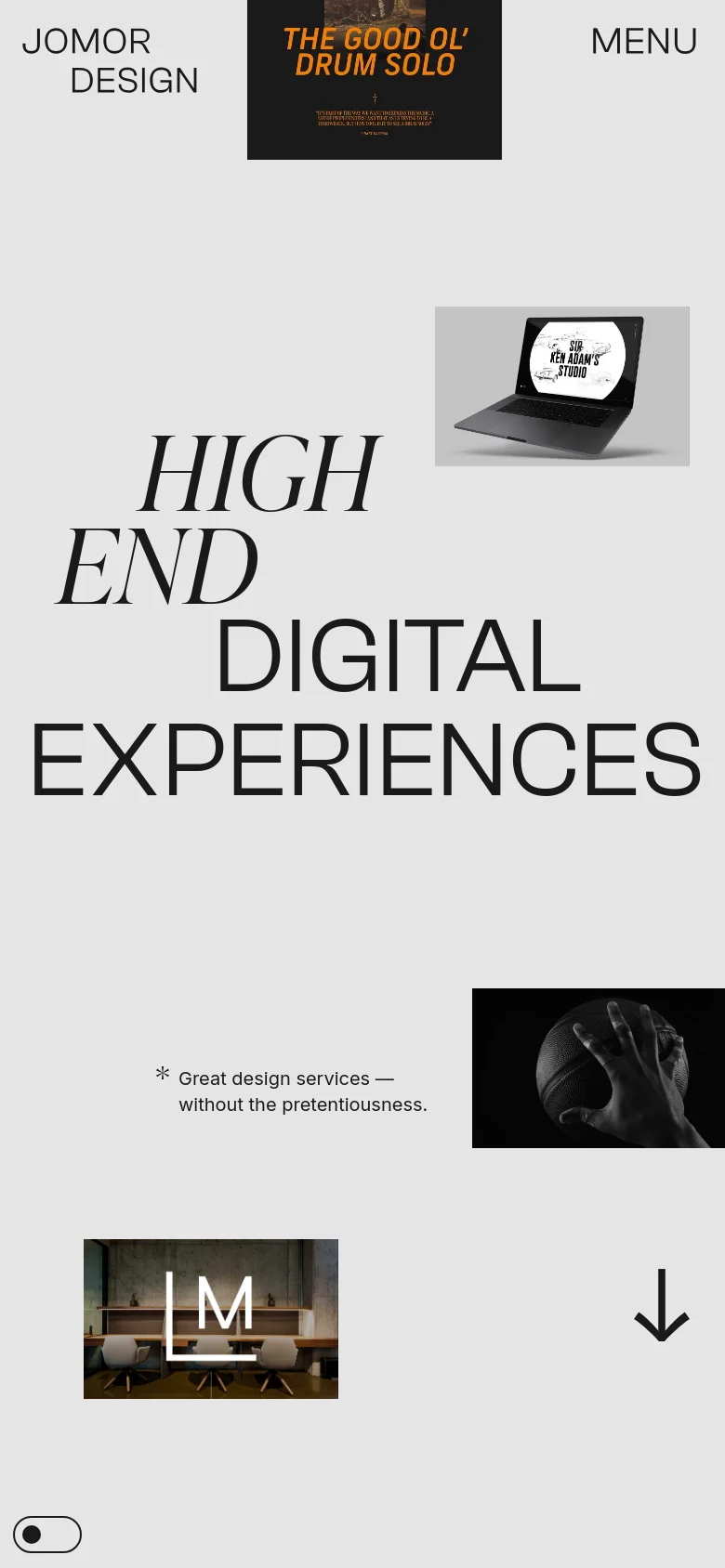 The mobile version presents a vertically stacked layout with the same large, bold typography and minimalist aesthetic. The hero text is centered, and the scattered photographic elements are rearranged to fit a narrow viewport. Navigation is simplified, and the overall color palette remains a clean, light gray.