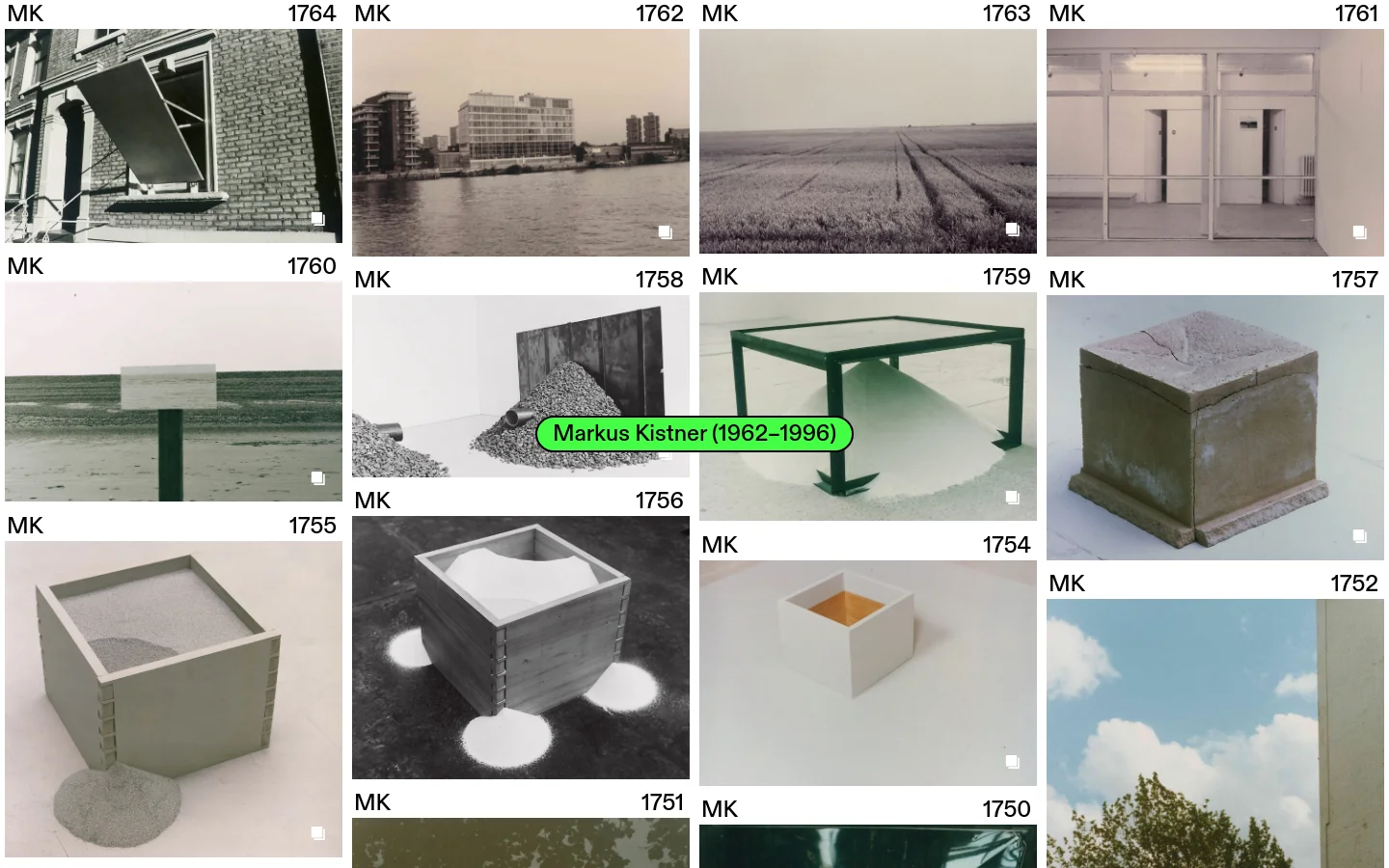 A minimalist portfolio website featuring a grid of black and white photographic works. Each image is labeled with a code like 'MK 1764' in the top corners, and a green floating badge with the name 'Markus Kistner (1962-1996)' is centered over the grid. The layout is clean with ample white space between the square and rectangular images.