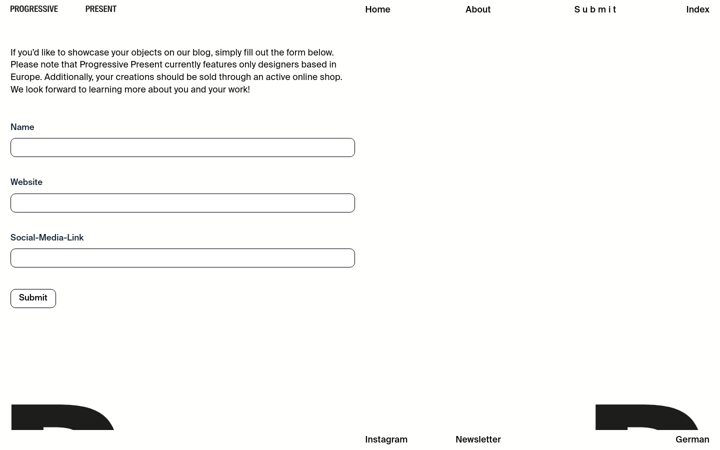 The desktop page features a minimalist white layout with the Progressive Present logo at the top left and a navigation menu on the right. A submission form is centered below an introductory text, containing fields for Name, Website, and Social-Media-Link, followed by a Submit button.