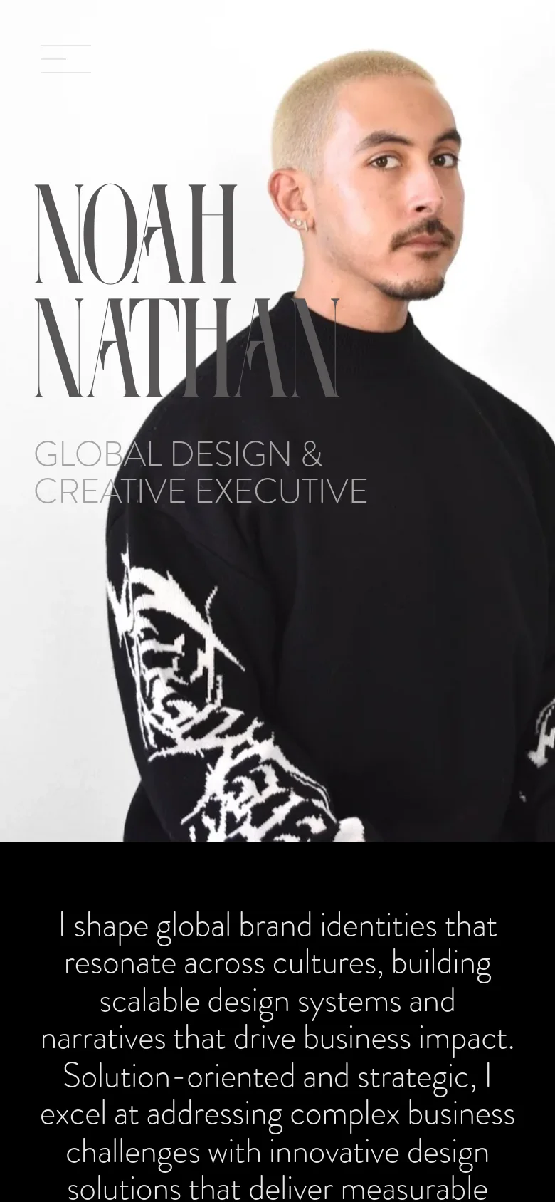 Mobile version of the homepage featuring a vertically oriented hero image of Noah Nathan. The large serif name and title are overlaid on the portrait, and the navigation is condensed into a hamburger menu icon at the top left, with the professional bio appearing in a black section at the bottom.