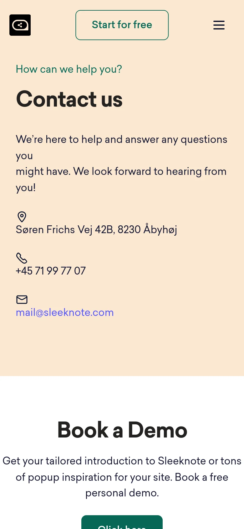 The mobile version presents a vertically stacked layout on a light peach background, starting with the 'Contact us' headline and contact information. The hero illustration is removed to prioritize text, and the secondary service sections like 'Book a Demo' are arranged in a single-column scrollable format.