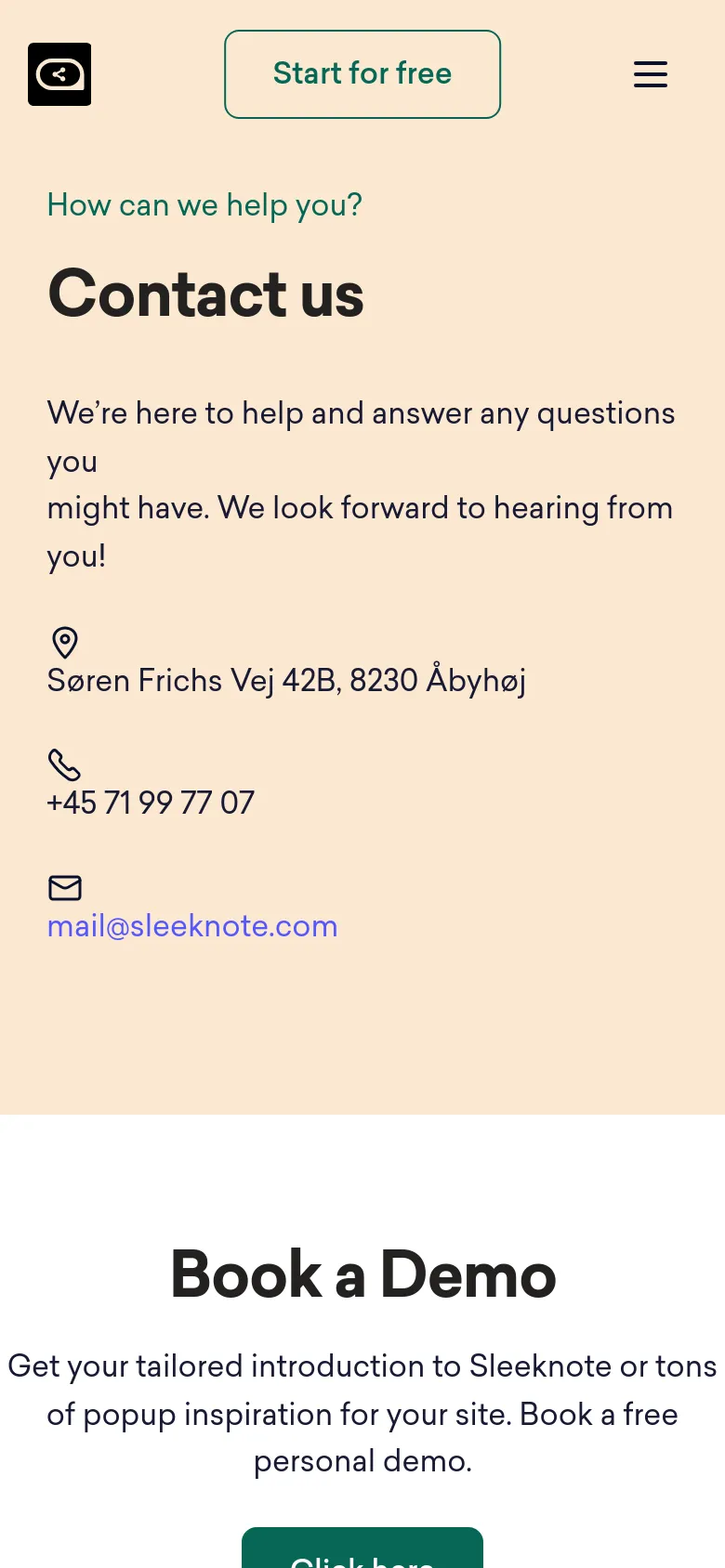 The mobile version presents a vertically stacked layout on a light peach background, starting with the 'Contact us' headline and contact information. The hero illustration is removed to prioritize text, and the secondary service sections like 'Book a Demo' are arranged in a single-column scrollable format.