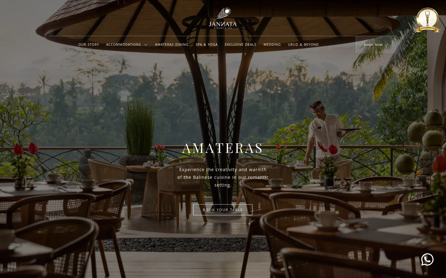 The desktop homepage for Amateras Dining features a full-width hero image of an outdoor restaurant terrace overlooking a lush Balinese jungle. A central heading reads 'AMATERAS' above a subheadline about Balinese cuisine, with a 'BOOK YOUR TABLE' call-to-action button. The navigation menu is spread horizontally across the top, and a 'Book Now' button is positioned on the right.