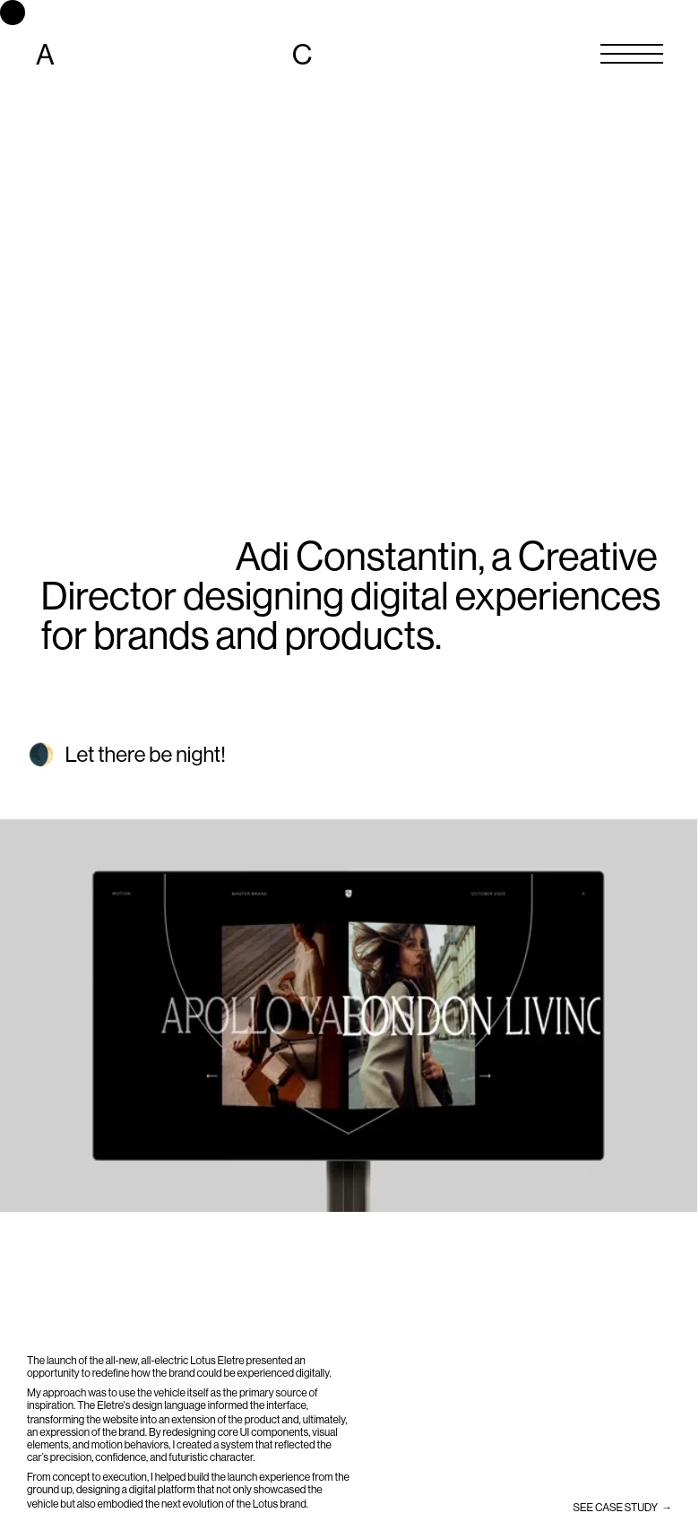 The mobile version simplifies the layout, replacing the top navigation with a hamburger menu icon on the right. The central headline is stacked vertically, and the 'A C' branding remains prominent, while the large 3D graphic and project imagery are scaled to fit the narrow viewport.