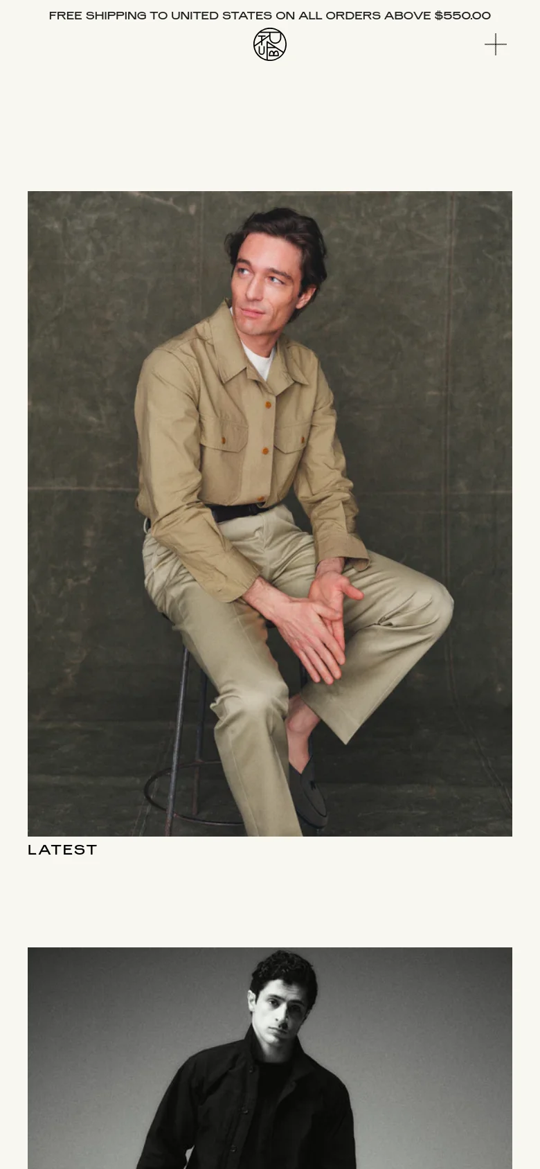 The mobile version maintains the minimalist aesthetic with a vertical layout optimized for smaller screens. The hero image of the man in tan clothing dominates the top of the screen, followed by the 'LATEST' heading. Navigation is simplified, and the announcement bar remains at the very top, ensuring a streamlined scrolling experience through the brand's collections and journal.