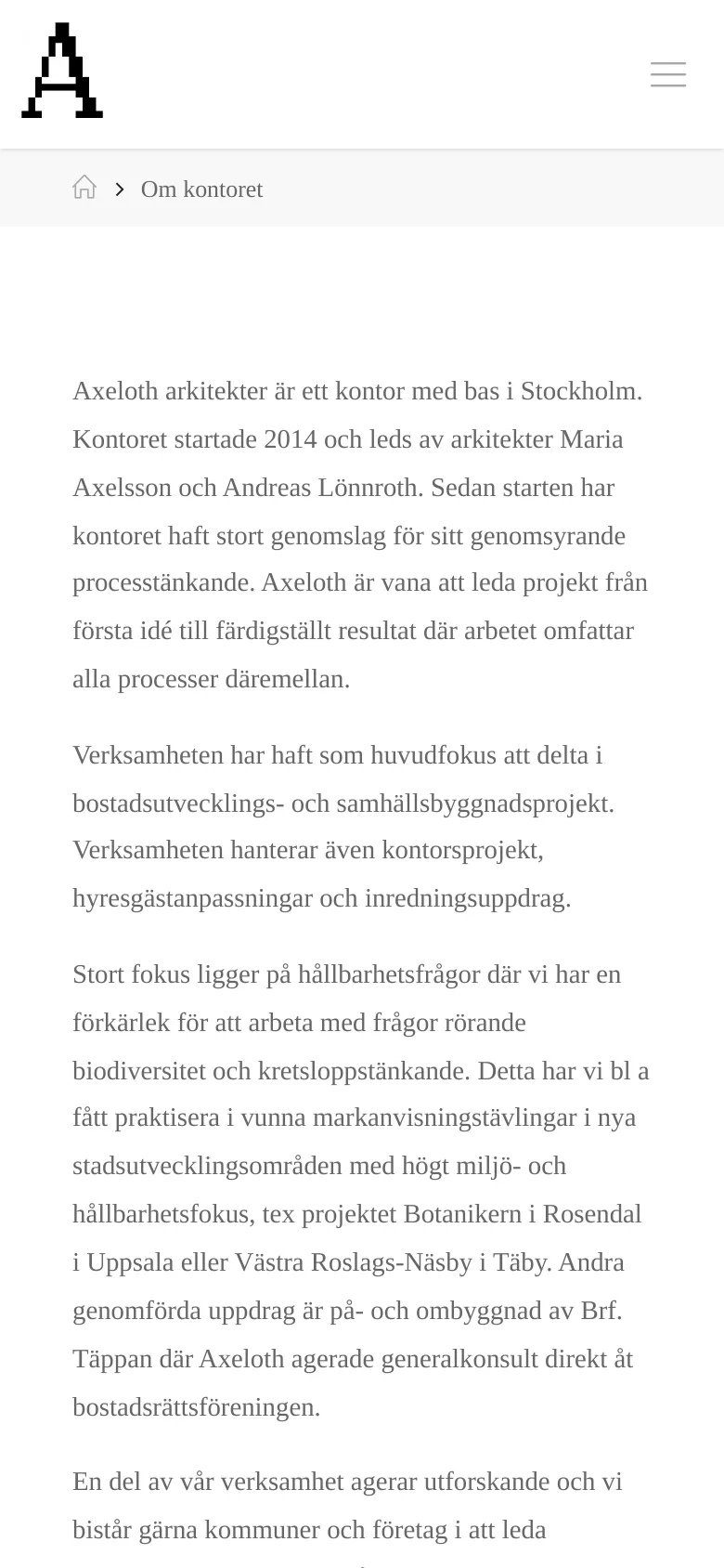 The mobile version presents a simplified vertical layout with a centered logo and a hamburger menu icon at the top. The text content is stacked vertically, and the image of the hand sketching appears below the main body of text, occupying the full width of the screen.