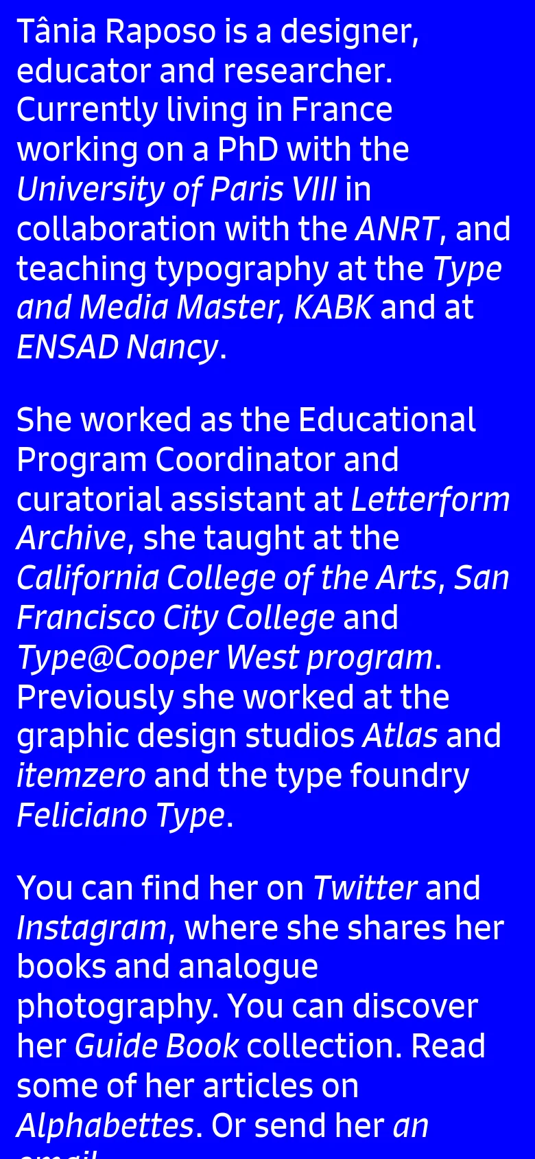 The mobile version maintains the minimalist aesthetic with white text on a solid blue background. The text is reflowed into a single column for vertical scrolling, with larger line spacing to ensure readability on a smaller screen.
