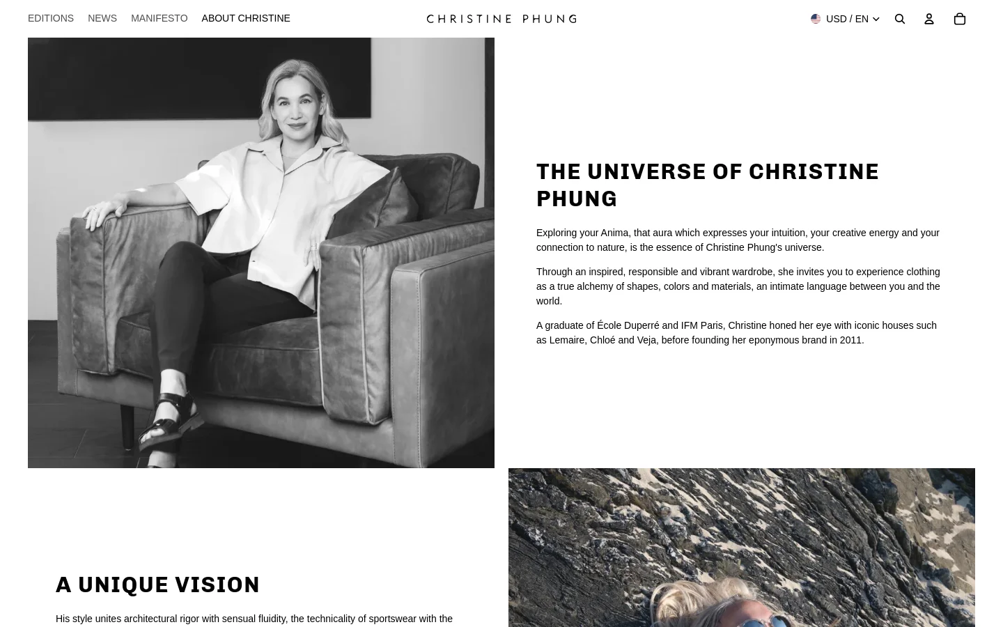 The desktop About Us page features a minimalist design with a black and white hero image of designer Christine Phung sitting on a velvet armchair. To the right, the headline 'THE UNIVERSE OF CHRISTINE PHUNG' is followed by biographical text, and the navigation bar is positioned at the top with links for Editions, News, Manifesto, and About Christine.