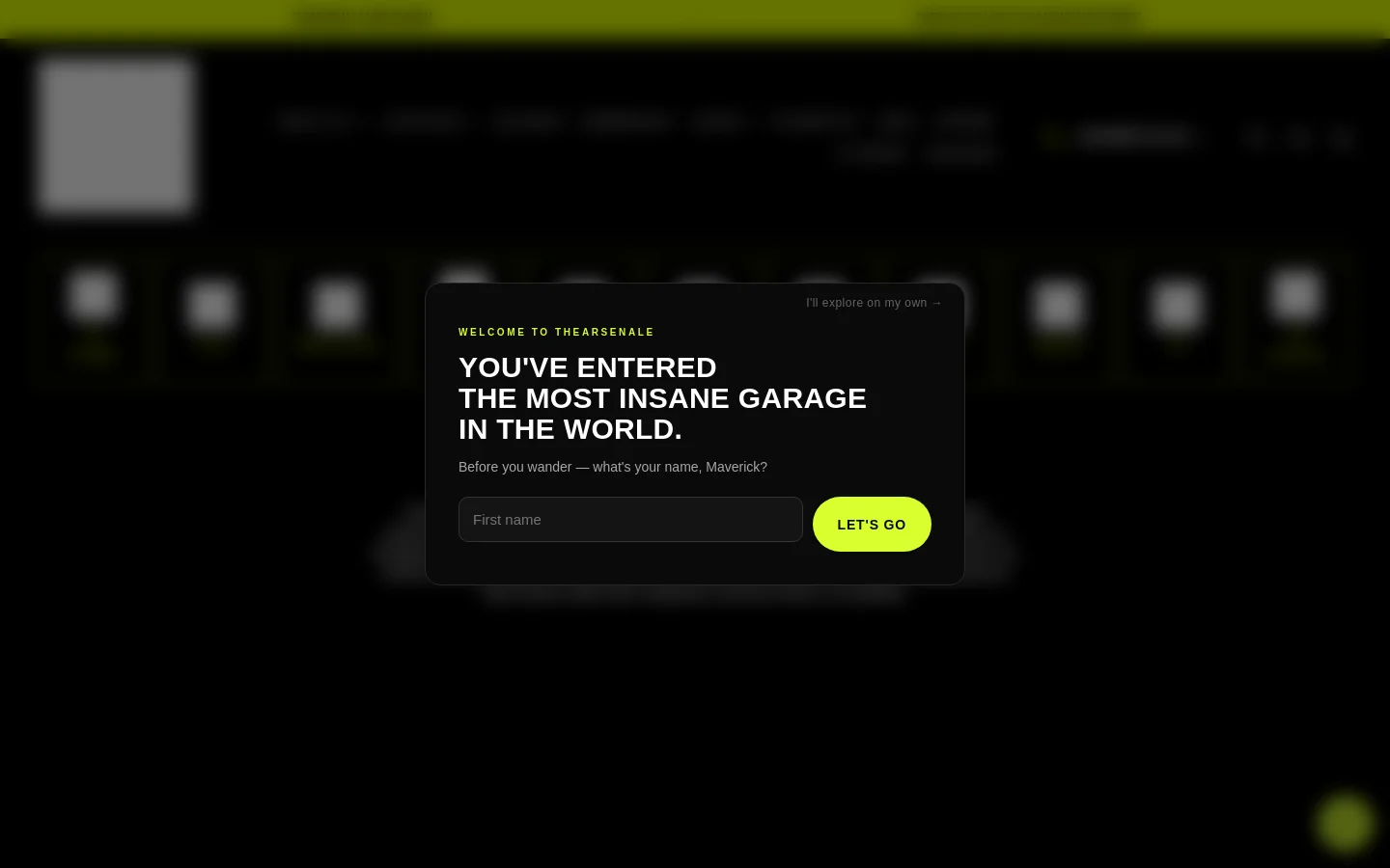 The desktop version of TheArsenale Team page features a dark, minimalist layout with white and lime green text. It displays a large headline 'THEARSENALE TEAM' followed by a biographical section for Founder & CEO Patrice Meignan, including social media links and a list of other key team members like Marcela Meignan and Elisa Bourgeois.