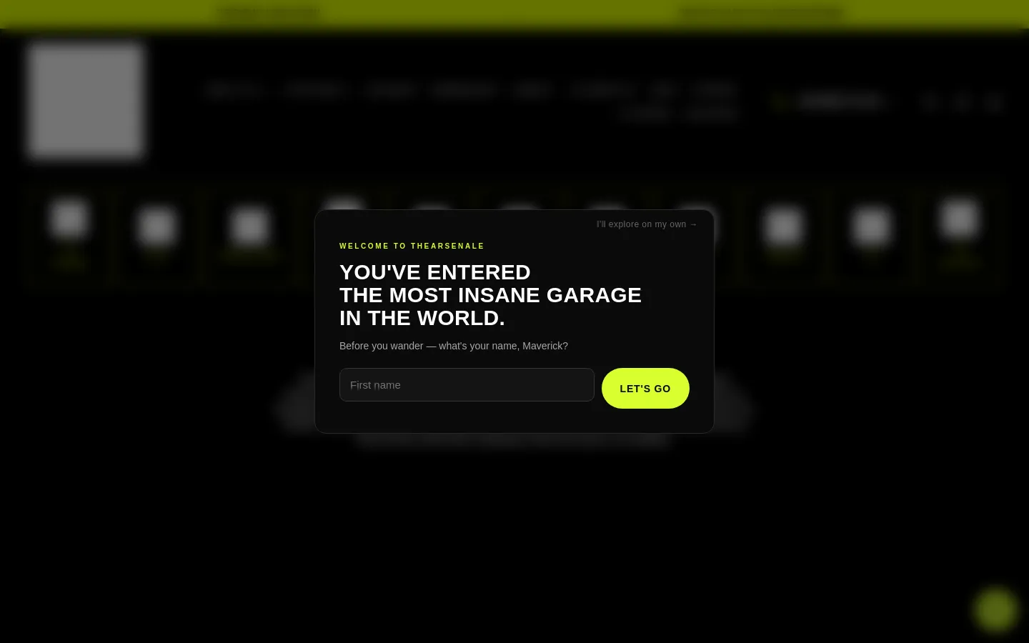 The desktop version of TheArsenale Team page features a dark, minimalist layout with white and lime green text. It displays a large headline 'THEARSENALE TEAM' followed by a biographical section for Founder & CEO Patrice Meignan, including social media links and a list of other key team members like Marcela Meignan and Elisa Bourgeois.