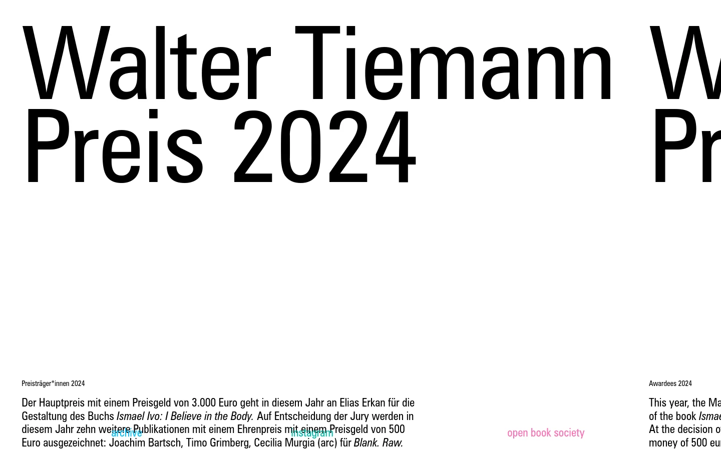 The desktop homepage features a minimalist design with very large, black sans-serif typography for the title 'Walter Tiemann Preis 2024' against a white background. A large, thin light-blue circular graphic element overlaps the text, and the main content area displays award winners in German text below the header. Small pink text for 'open book society' is visible in the lower right.