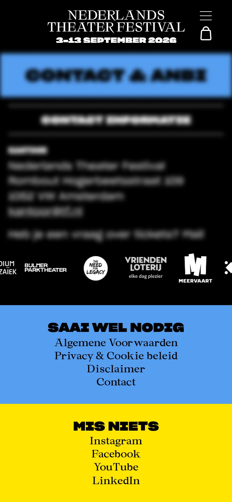 The mobile version maintains the black background and blue 'CONTACT & ANBI' banner but uses a single-column vertical layout for all contact details and organization lists. The navigation menu is condensed into a hamburger icon at the top, and the footer sections for legal links and social media are stacked vertically.