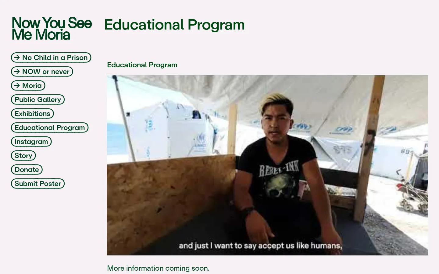 The desktop page features a minimalist design with a light beige background and dark green typography. A left-aligned navigation menu contains several pill-shaped buttons, while the main content area displays the headline 'Educational Program' above a large photograph of a man sitting in a tent-like structure. Below the image, the text reads 'More information coming soon.'