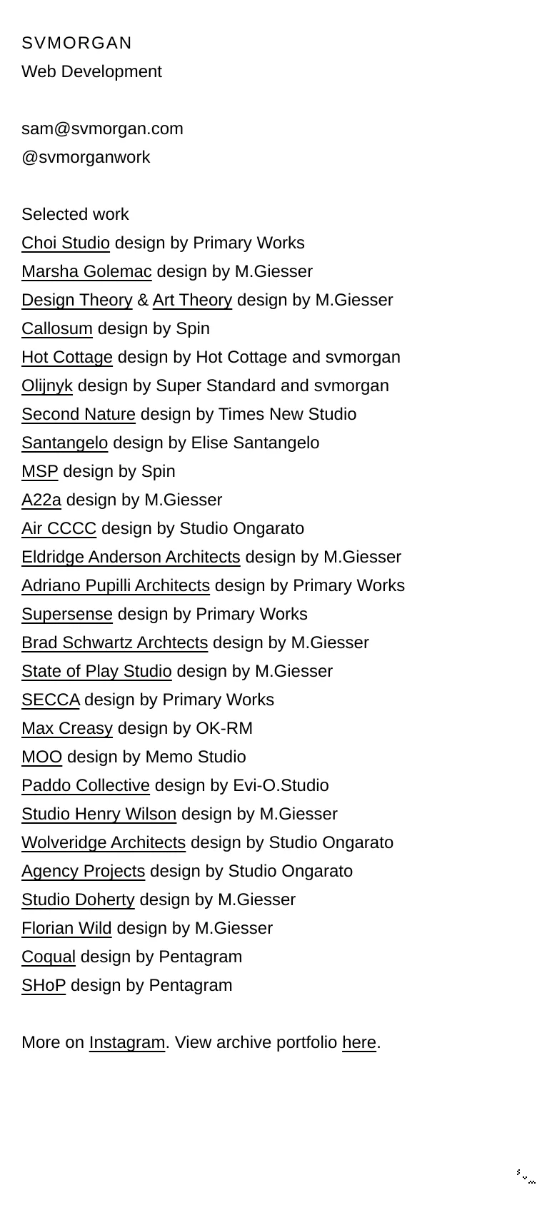 The mobile version maintains the minimalist white and black aesthetic but optimizes the single-column text layout for a narrow screen. The header, contact information, and extensive list of project links are stacked vertically for easy scrolling on a handheld device.