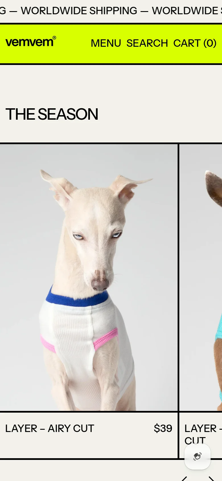 The mobile version presents a simplified layout with a lime green header containing the brand name and a condensed menu with Search and Cart options. The 'THE SEASON' product gallery transitions to a single-column vertical scroll, focusing on large, high-quality images of Italian Greyhounds wearing colorful clothing, with product titles and prices positioned directly below each image.
