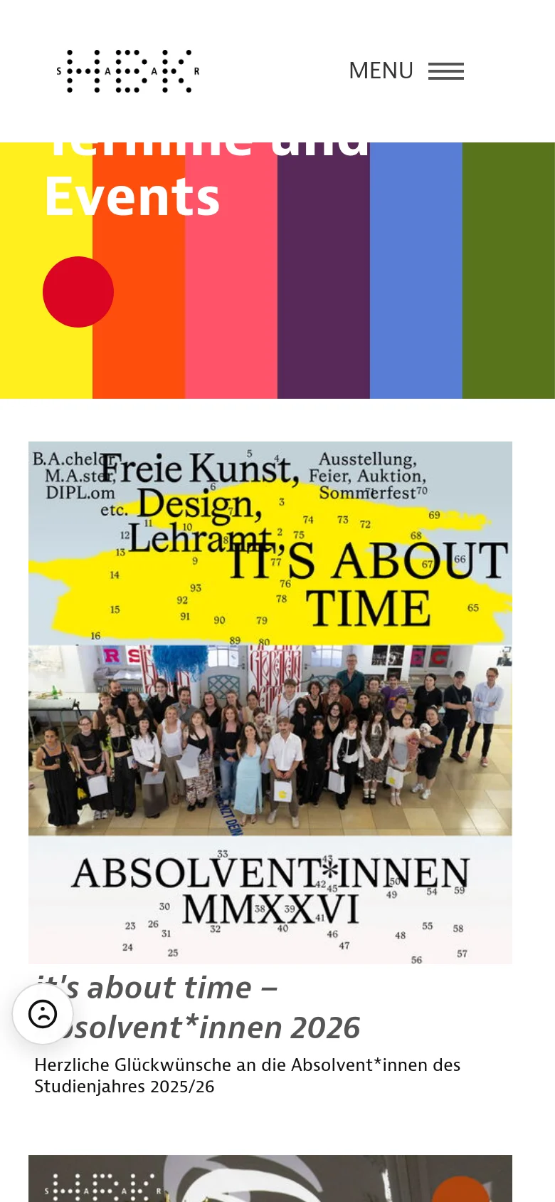 The mobile version maintains the colorful striped hero section at the top, though the text 'Termine und Events' is scaled and repositioned. The layout shifts to a single-column vertical stack, displaying large, full-width image tiles for news and events such as 'It's about time' and alumni information.