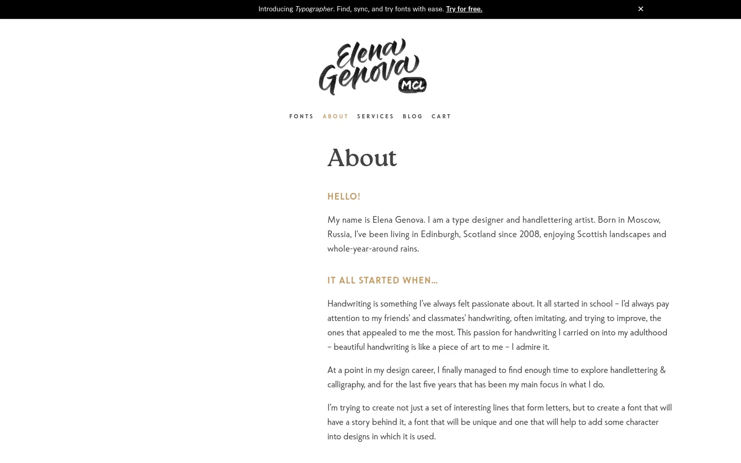 The desktop About page features a centered logo for Elena Genova MCL at the top, followed by a navigation menu and a large 'About' heading. Below the heading, the text is organized into two sections, 'HELLO!' and 'IT ALL STARTED WHEN...', set against a clean white background with dark text and gold accents.