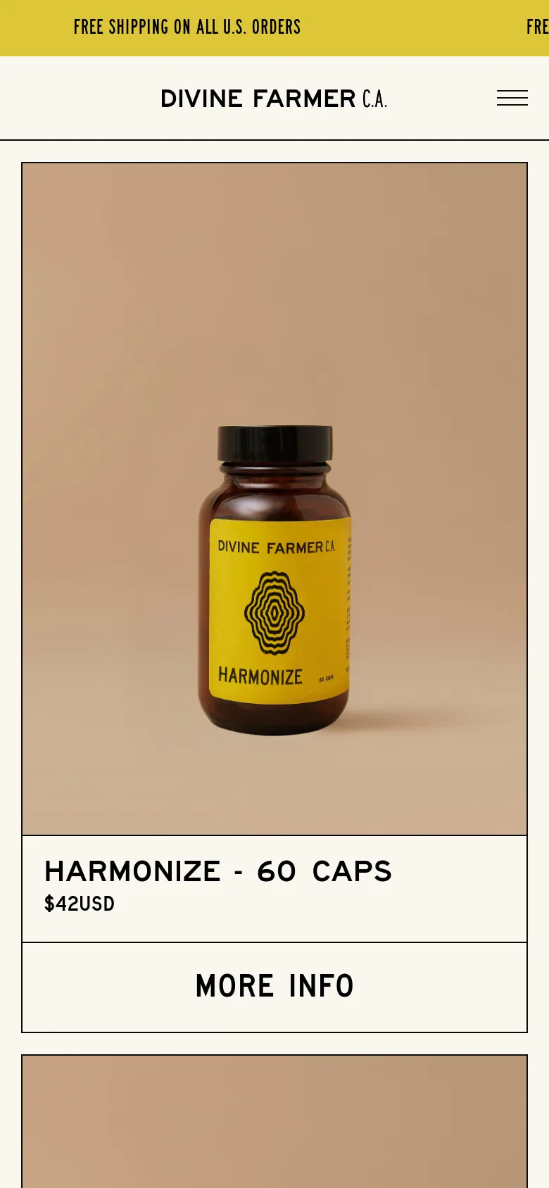 The mobile version uses a single-column layout to showcase products, featuring a large product image, title, and price, followed by a prominent 'MORE INFO' call-to-action button. The header is condensed with a hamburger menu icon, and the yellow announcement bar remains at the top of the viewport.