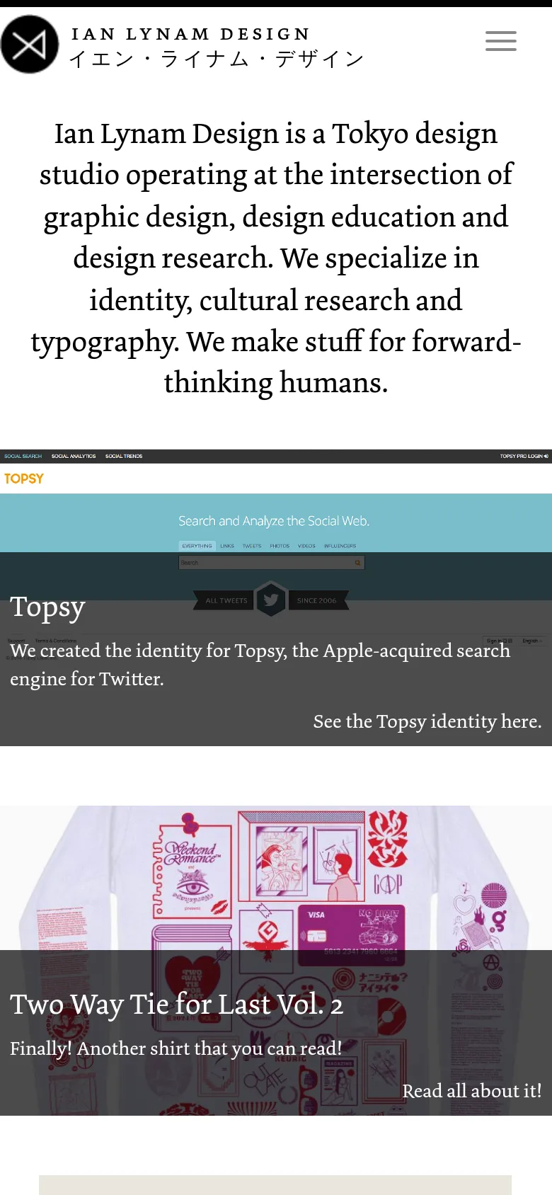 The mobile version uses a single-column layout with a top navigation menu icon and the studio logo. The introductory text is centered and larger, followed by vertically stacked project cards featuring full-width images and text overlays for titles and descriptions.