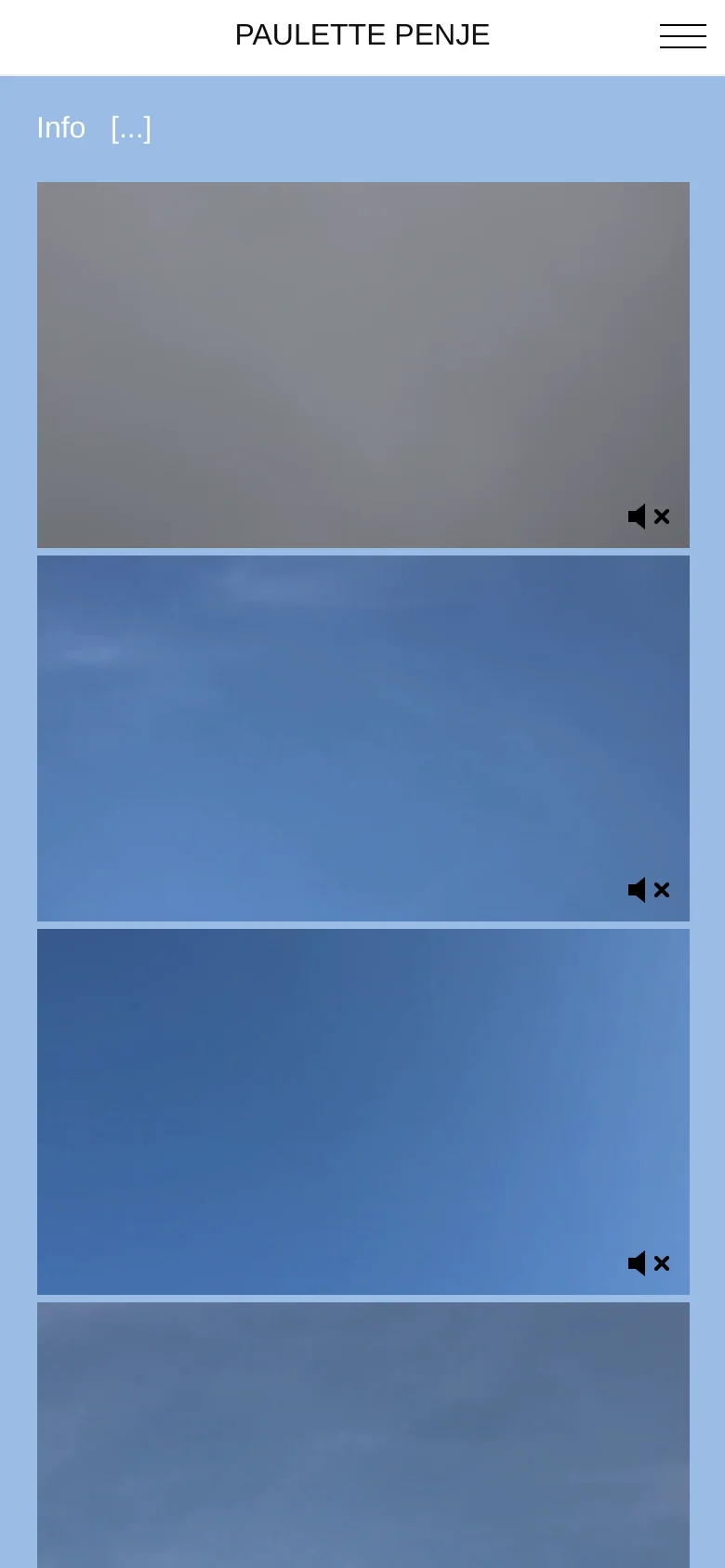 The mobile version shows a simplified header with the name 'PAULETTE PENJE' and a hamburger menu icon. The content shifts to a single-column vertical stack of large, full-width video thumbnails showing sky textures in blue and gray tones.