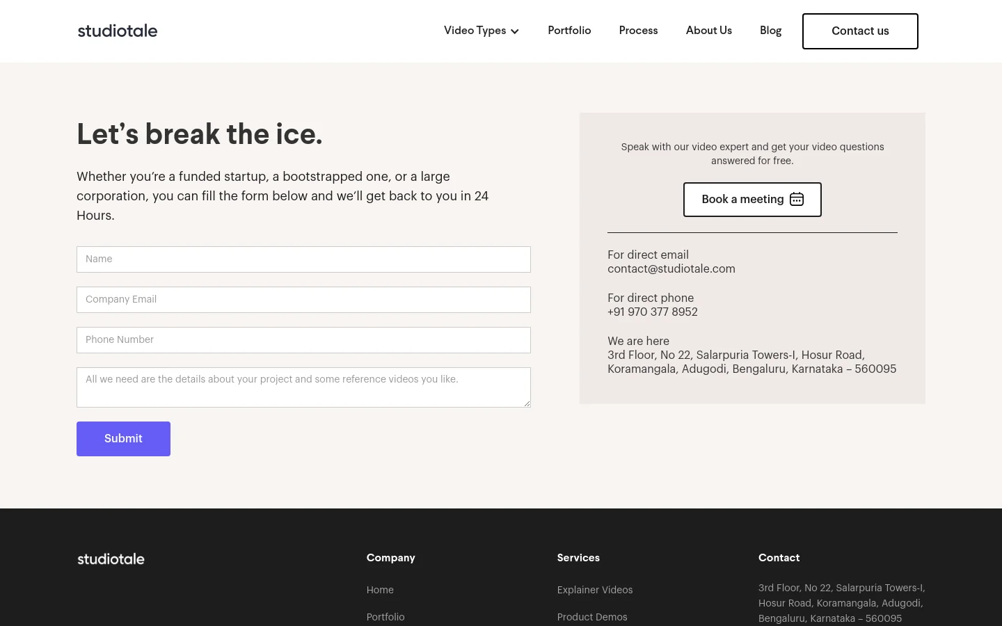 The desktop contact page features a clean, minimalist layout with a white background and dark text. On the left, a large headline 'Let's break the ice' sits above a contact form with fields for Name, Company Email, Phone Number, and project details, followed by a purple 'Submit' button. To the right, a light gray card provides alternative contact methods, including a 'Book a meeting' button, email, phone number, and physical address.